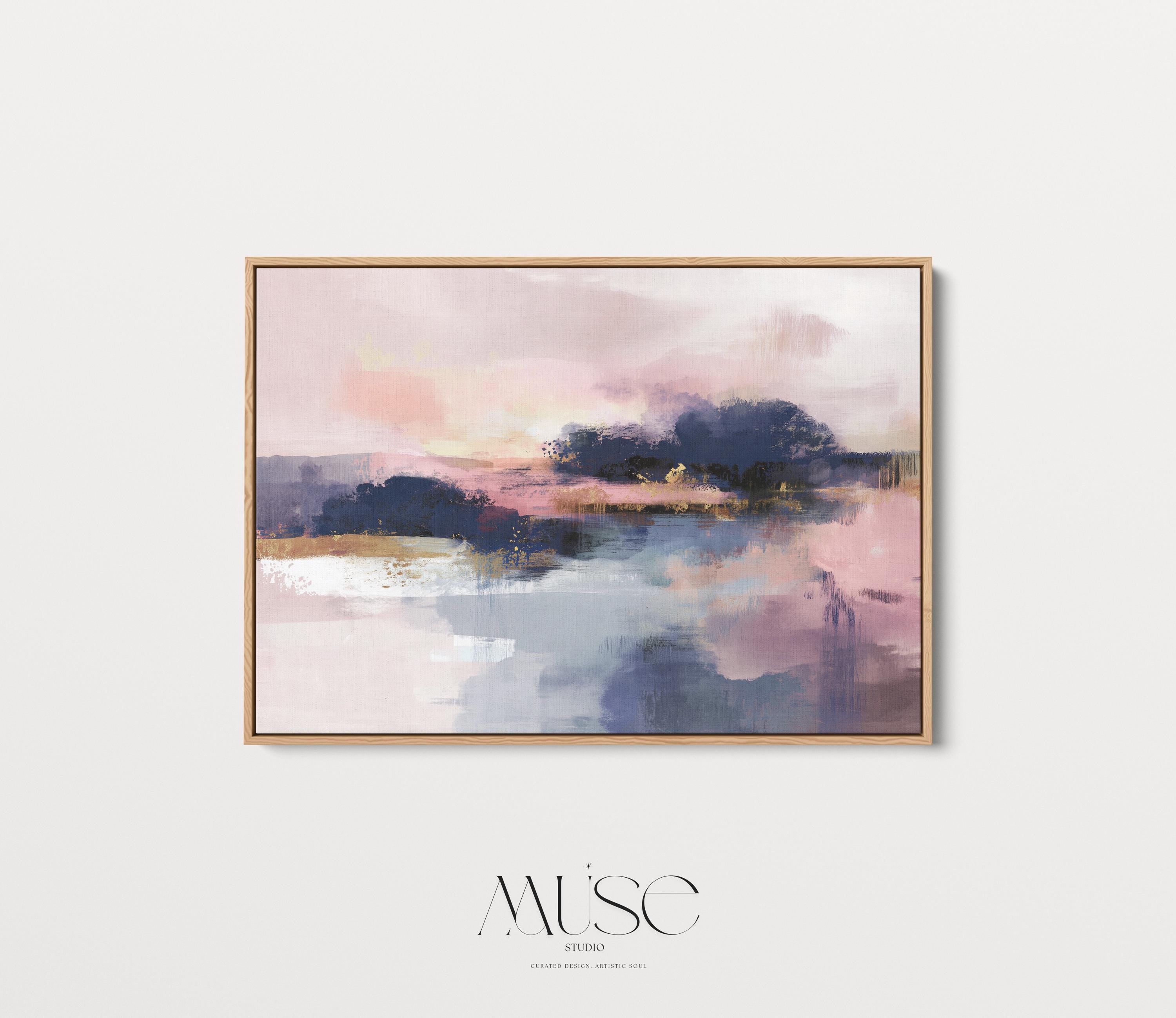 Blush Navy Abstract Canvas Wall Art, Extra Large Horizontal Art for Bedroom or Office, Soft Contemporary Decor Framed Statement Art 515