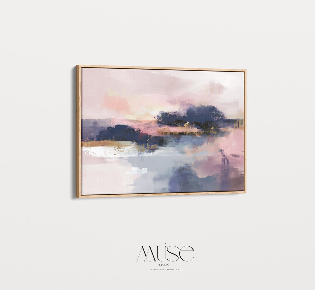 Blush Navy Abstract Canvas Wall Art, Extra Large Horizontal Art for Bedroom or Office, Soft Contemporary Decor Framed Statement Art 515