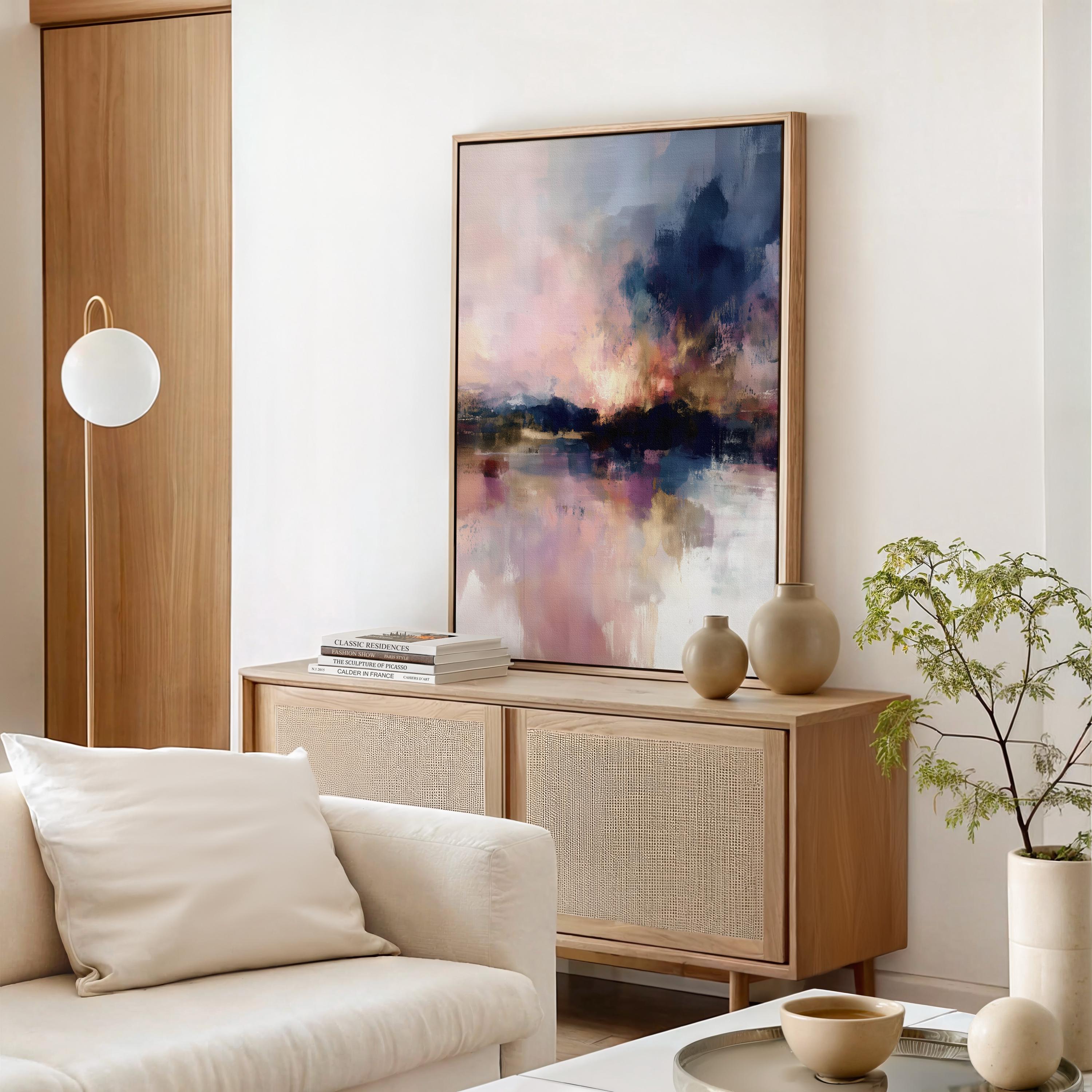 Vertical abstract framed canvas art in smoky plum, blush pink, cream, and navy. Features painterly textures and glowing contrast. Ideal for romantic bedrooms or transitional entryway styling. Available as a floating framed or gallery-wrapped canvas for elevated decor spaces.