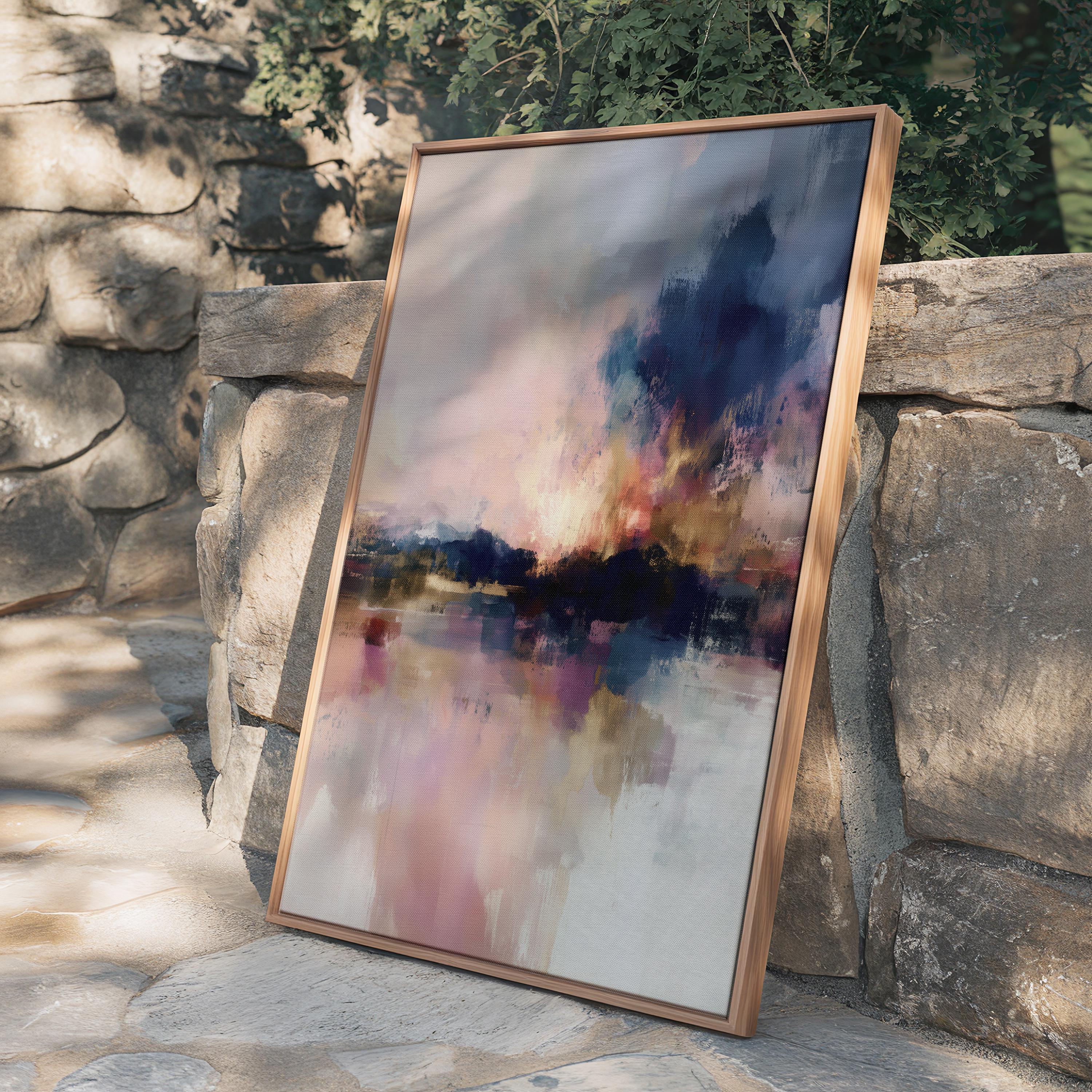 Vertical abstract framed canvas art in smoky plum, blush pink, cream, and navy. Features painterly textures and glowing contrast. Ideal for romantic bedrooms or transitional entryway styling. Available as a floating framed or gallery-wrapped canvas for elevated decor spaces.