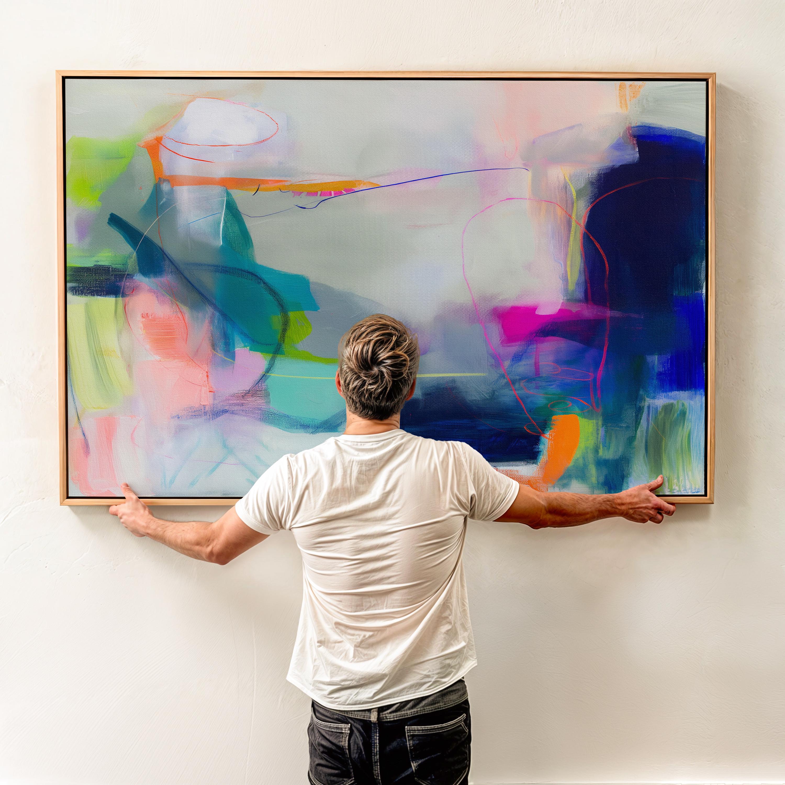 Large horizontal abstract wall art in bright blue, neon pink, teal, and multicolor tones displayed above a white sofa in a modern neutral living room with natural light and minimal decor. Vibrant color pop artwork available as framed canvas or fine art print by Muse Studio.