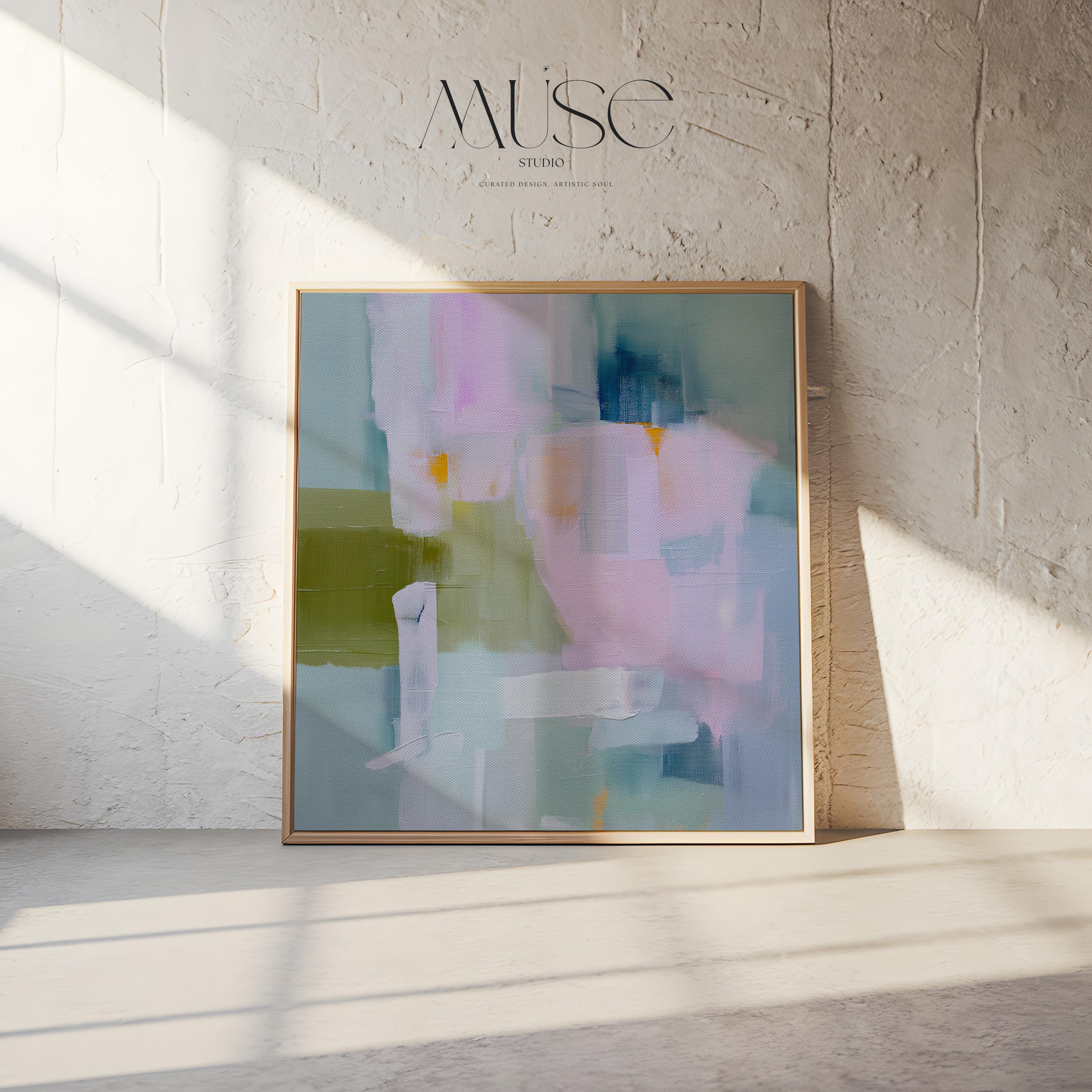 Framed abstract wall art in blush pink, sage green, and soft blue, painted with layered brushstrokes in a muted modern style. Perfect for soft contemporary interiors, dreamy bedrooms, or large living room walls. Displayed in a premium floating wood frame. Available as a framed canvas wall art piece for designer-inspired home decor.