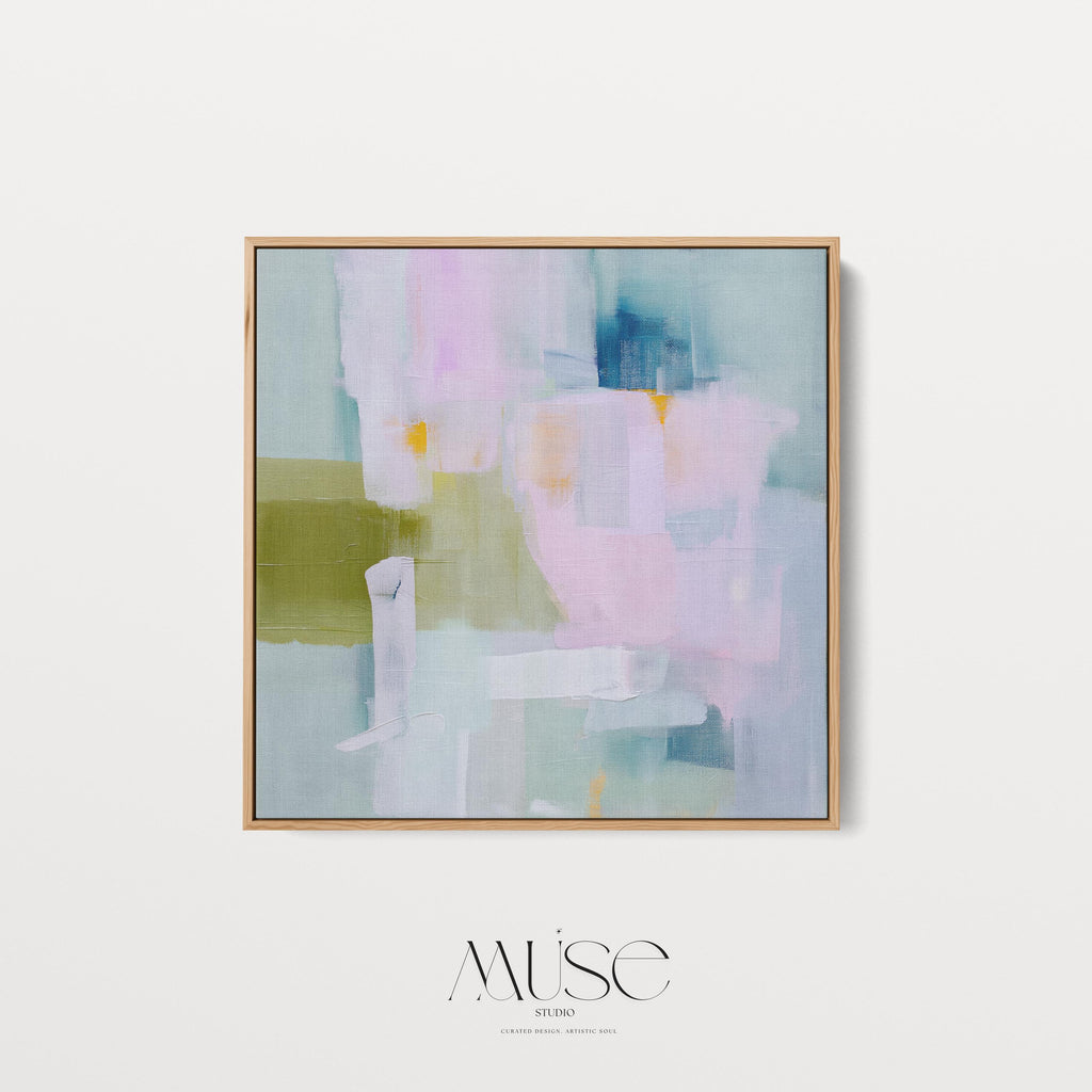 Framed abstract wall art in blush pink, sage green, and soft blue, painted with layered brushstrokes in a muted modern style. Perfect for soft contemporary interiors, dreamy bedrooms, or large living room walls. Displayed in a premium floating wood frame. Available as a framed canvas wall art piece for designer-inspired home decor.