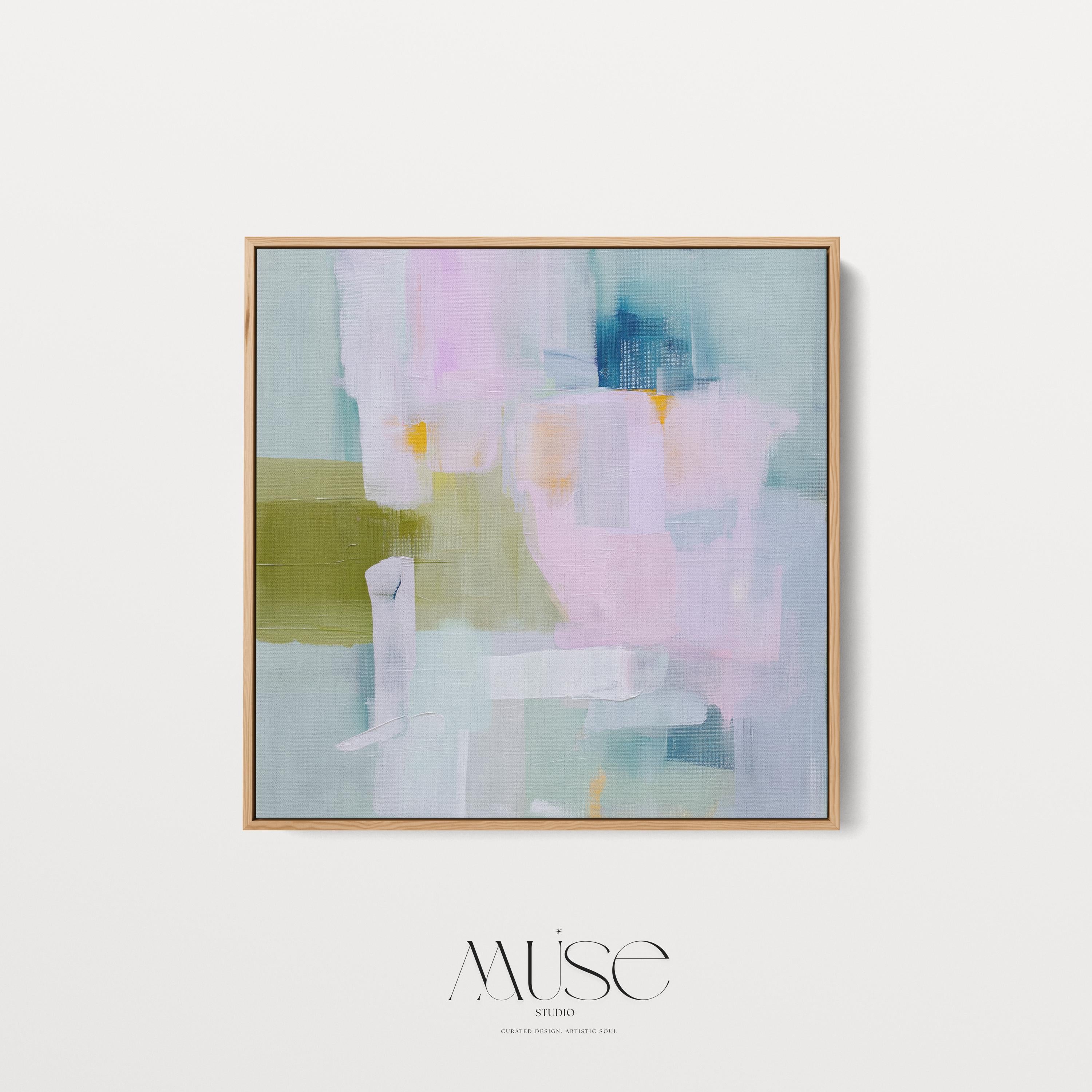 Framed abstract wall art in blush pink, sage green, and soft blue, painted with layered brushstrokes in a muted modern style. Perfect for soft contemporary interiors, dreamy bedrooms, or large living room walls. Displayed in a premium floating wood frame. Available as a framed canvas wall art piece for designer-inspired home decor.