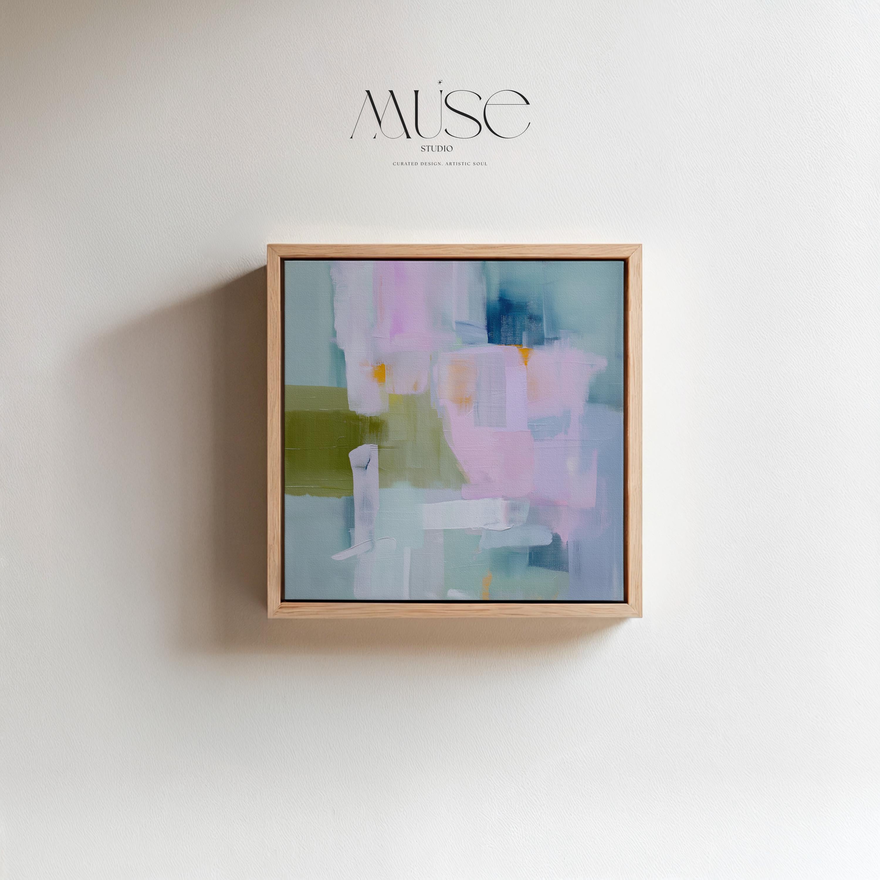 Framed abstract wall art in blush pink, sage green, and soft blue, painted with layered brushstrokes in a muted modern style. Perfect for soft contemporary interiors, dreamy bedrooms, or large living room walls. Displayed in a premium floating wood frame. Available as a framed canvas wall art piece for designer-inspired home decor.