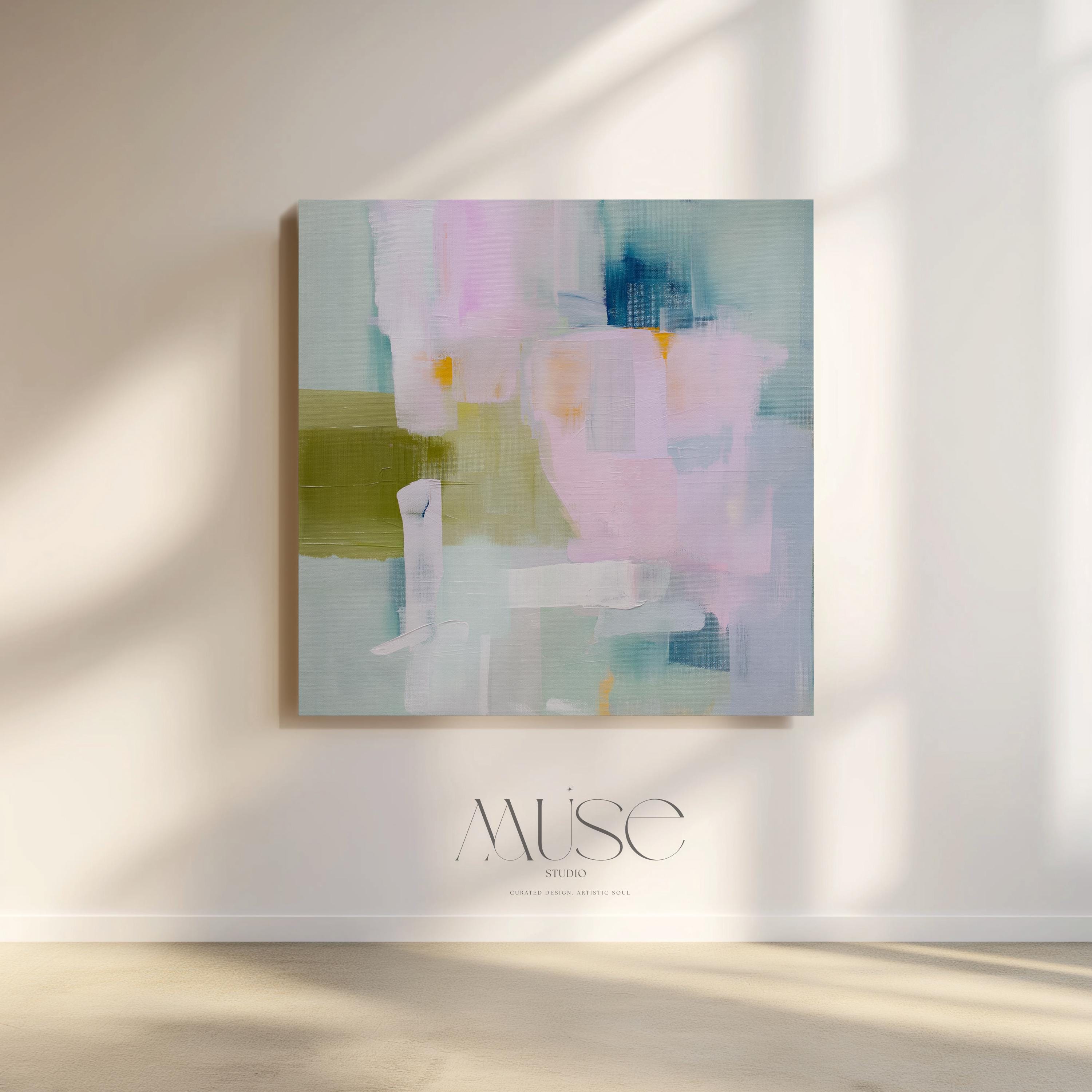 Muse Studio pastel abstract canvas wall art featuring soft pink, sage green, aqua blue, cream, muted teal, and warm golden accents. Square canvas artwork with layered contemporary color blocks, museum-grade giclée inks, and premium gallery-wrapped cotton canvas, styled for living room, bedroom, office, dining room, or soft modern cottage interiors.
