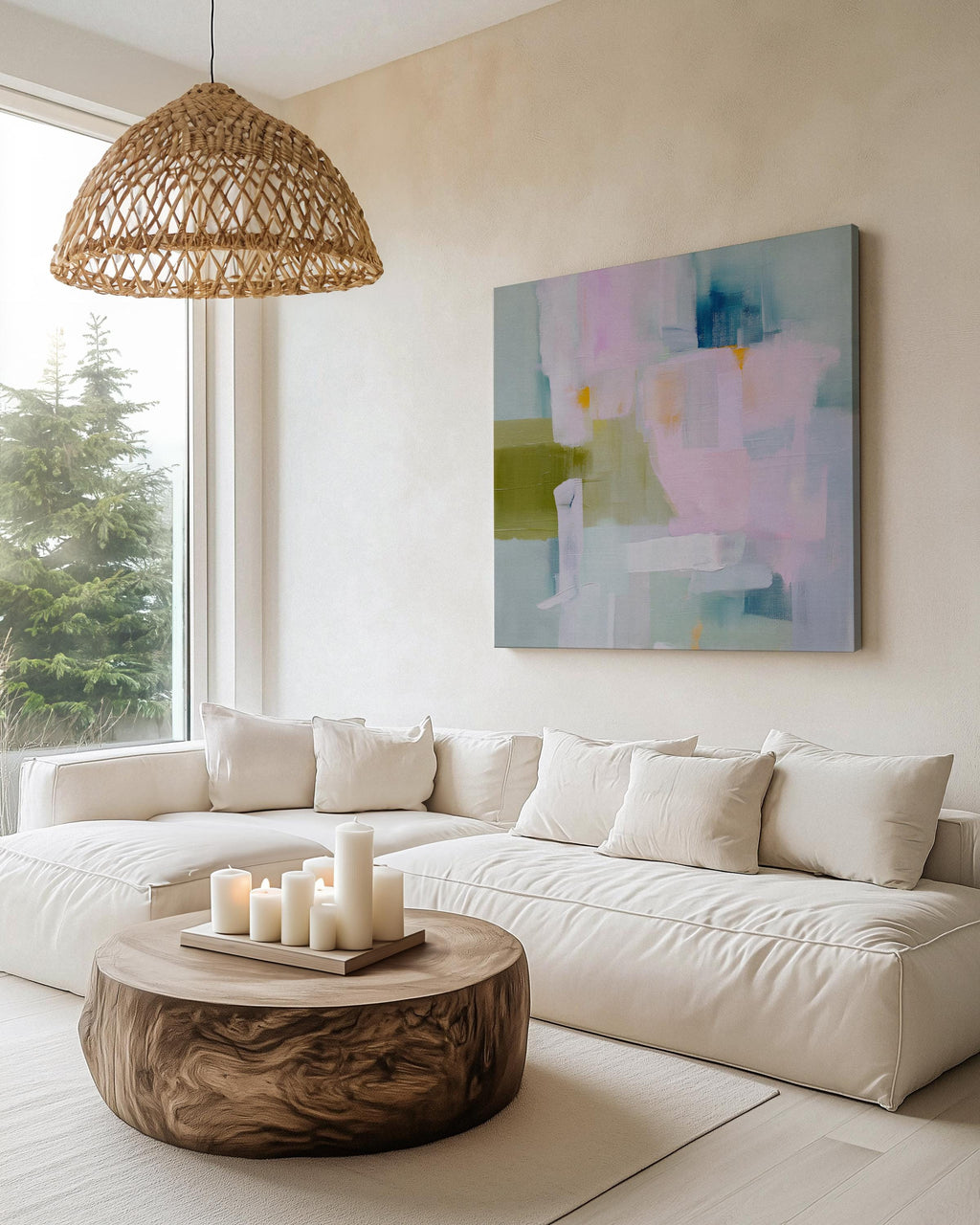 Soft pastel abstract canvas wall art in blush pink, sage green, and sky blue, painted with layered brushstrokes for a muted modern aesthetic. Perfect for soft contemporary interiors, dreamy bedrooms, or large living room walls. Gallery-wrapped on 1.5” wooden frame for a seamless modern finish. Available as extra large canvas wall art by Muse Studio.