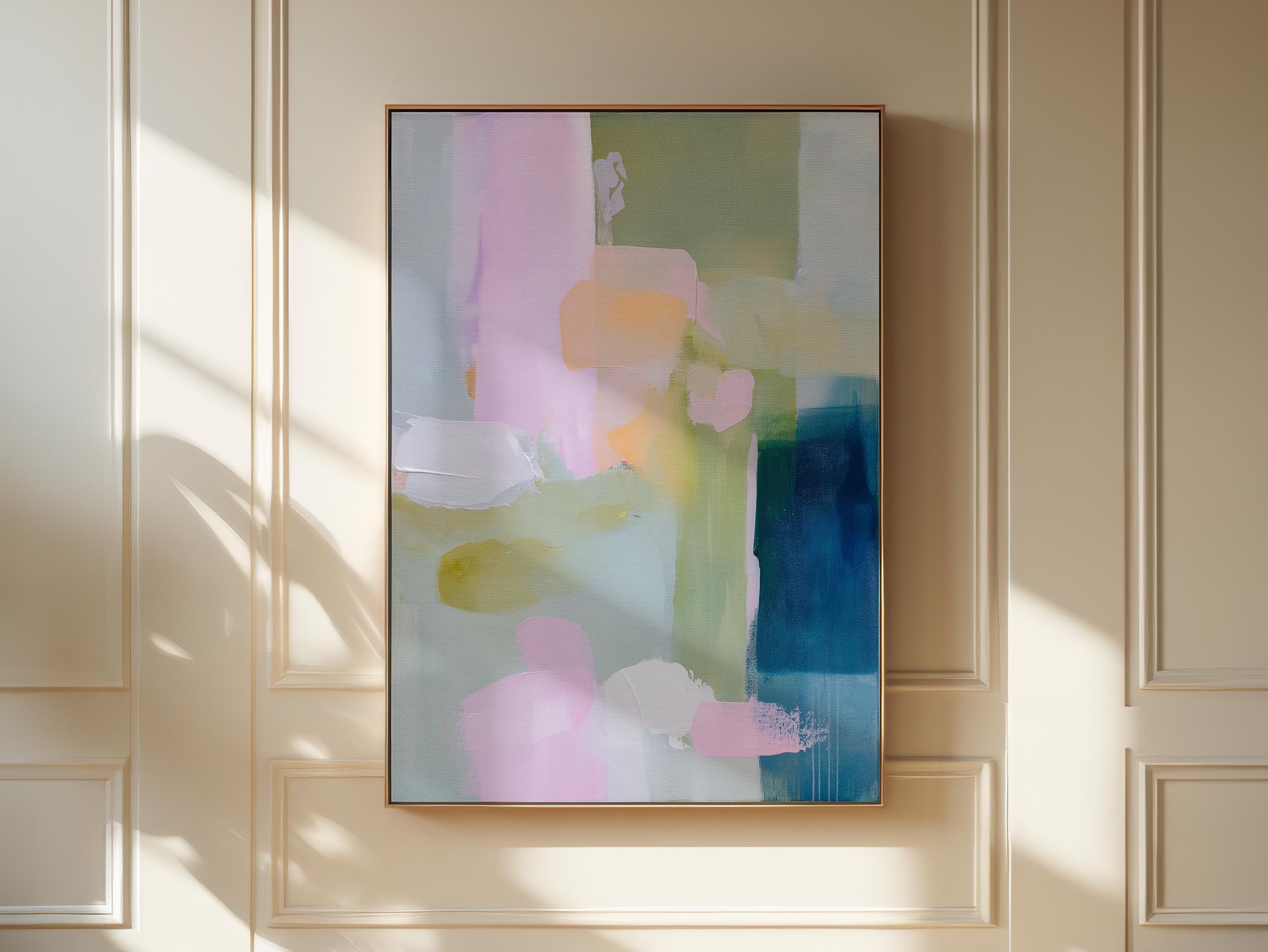Muse Studio cottage farmhouse framed wall art featuring a pastel pink, blue, sage green, aqua, and peach abstract composition with soft modern cottage styling. Vertical framed canvas artwork with museum-grade giclée inks, premium cotton canvas, and custom wood float frame options, styled for living room, bedroom, office, dining room, or cottage farmhouse interiors.