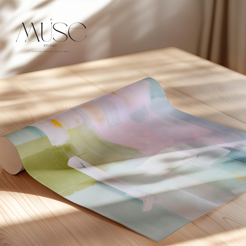 Square canvas wall art in blush pink, sage green, and sky blue with layered pastel brushstrokes. Designed in a coastal horizon and nature-inspired style for serene interiors. Perfect as oversized bedroom, living room, or entryway decor. Gallery-wrapped on 1.5” wood frame for a seamless finish. Extra large canvas wall art by Muse Studio.