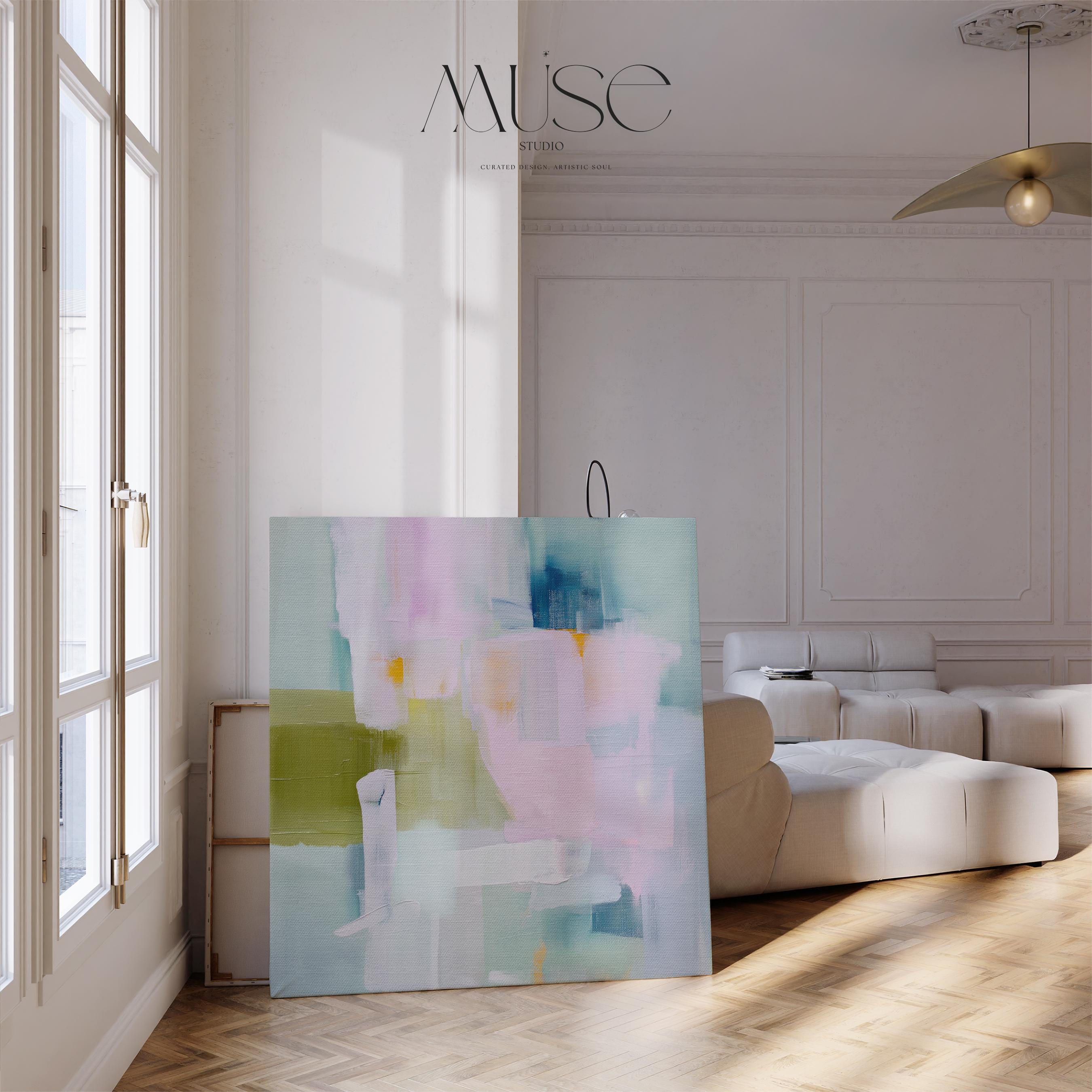 Soft Pastel Abstract Blush Green Blue Canvas Wall Art • Coastal Horizon Nature Inspired • XL Square Living Room Bedroom Decor • MUSE 519