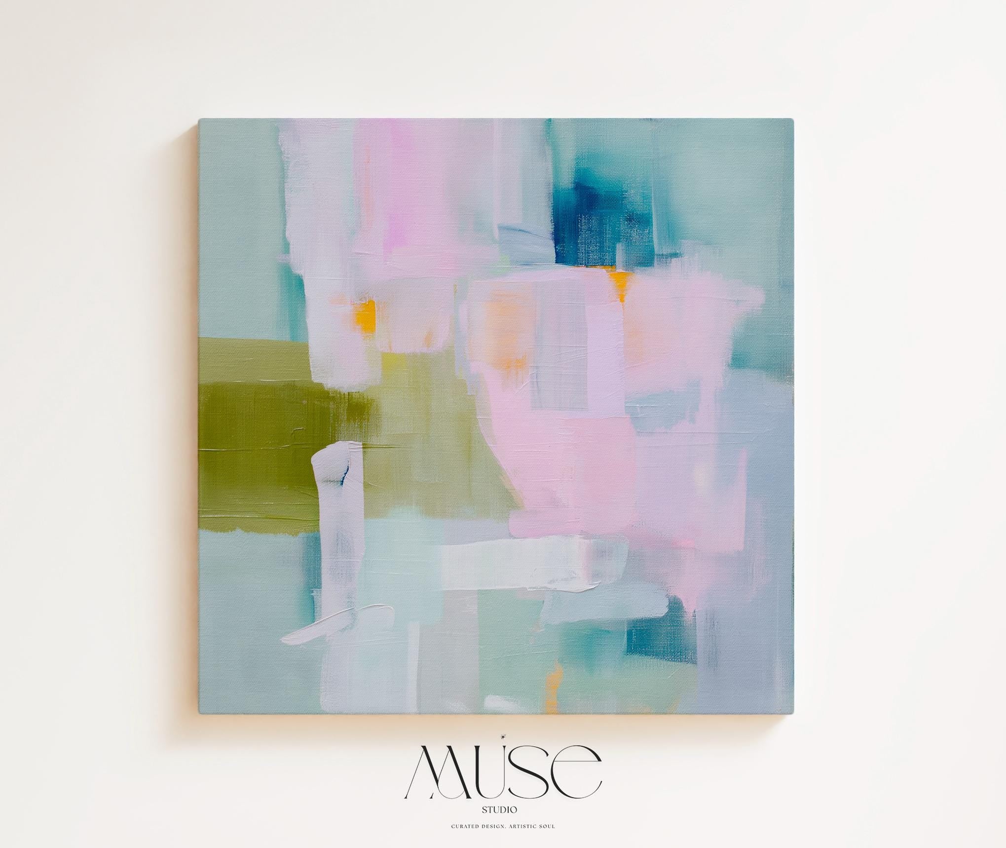 Square canvas wall art in blush pink, sage green, and sky blue with layered pastel brushstrokes. Designed in a coastal horizon and nature-inspired style for serene interiors. Perfect as oversized bedroom, living room, or entryway decor. Gallery-wrapped on 1.5” wood frame for a seamless finish. Extra large canvas wall art by Muse Studio.
