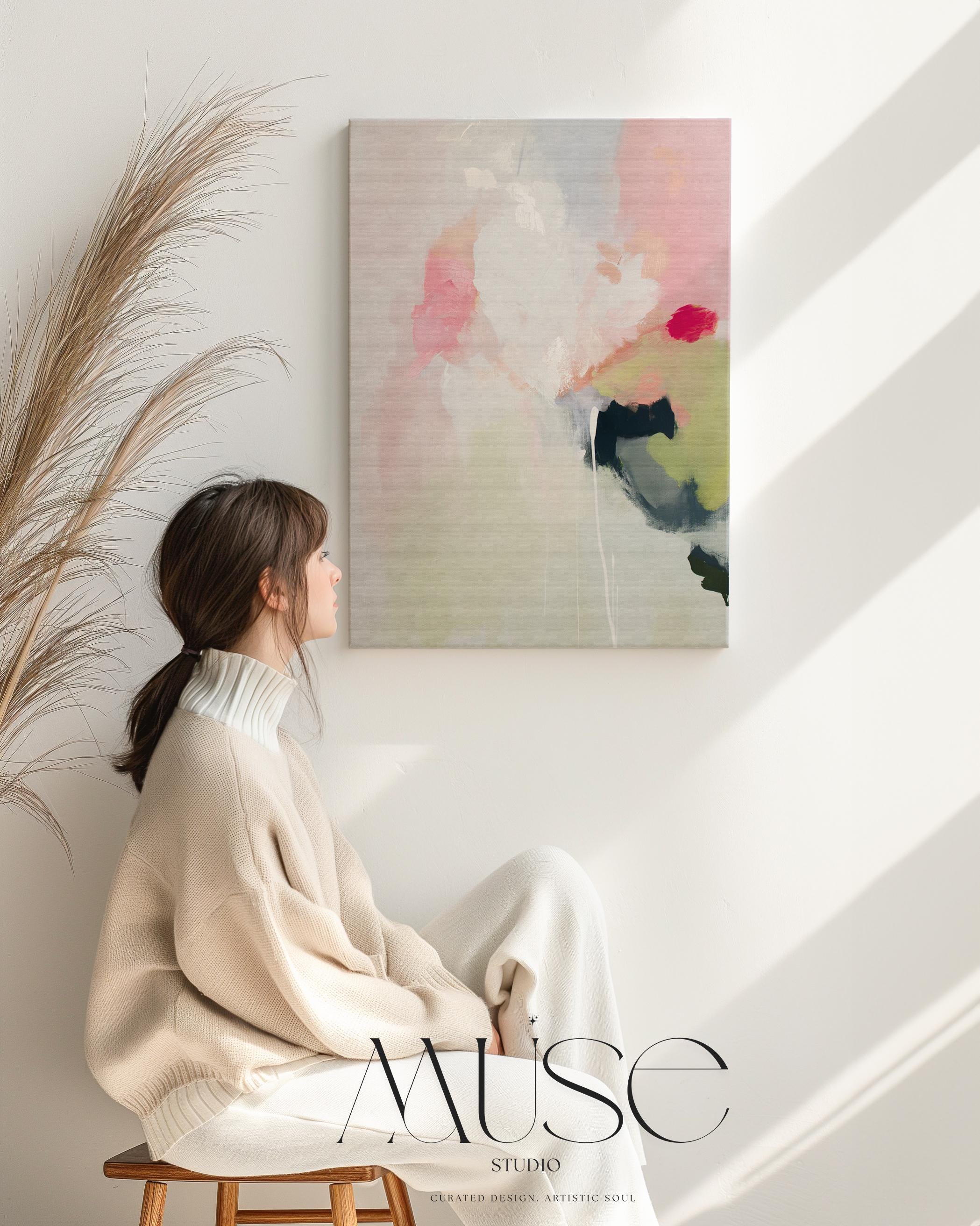 Vertical abstract canvas wall art in blush pink, sage green, and soft ivory with coral and dark undertones. Styled in muted minimal and soft contemporary design for calming interiors. Ideal for bedrooms, living rooms, or entryways. Gallery-wrapped on wood frame for a seamless finish. Extra large canvas wall art by Muse Studio.