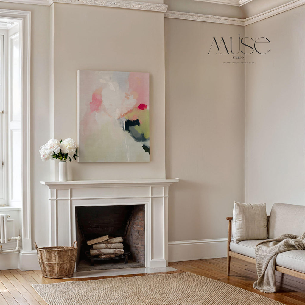Vertical abstract canvas wall art in blush pink, sage green, and soft ivory with coral and dark undertones. Styled in muted minimal and soft contemporary design for calming interiors. Ideal for bedrooms, living rooms, or entryways. Gallery-wrapped on wood frame for a seamless finish. Extra large canvas wall art by Muse Studio.