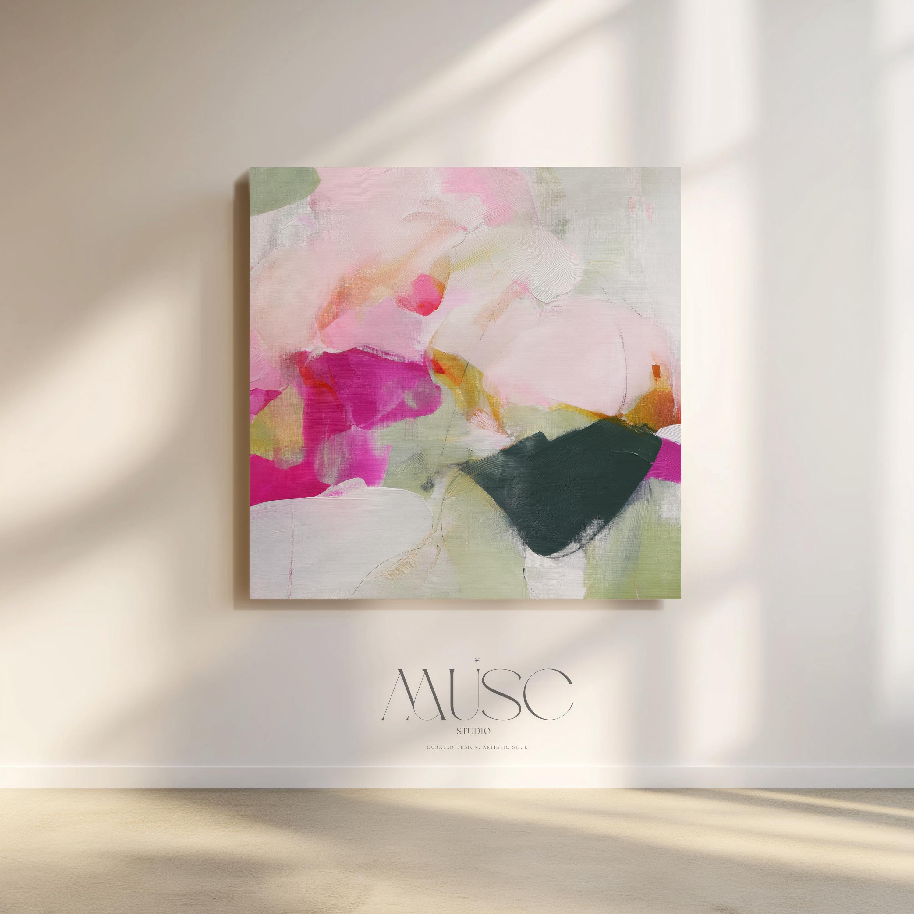 Square abstract canvas wall art in bold fuchsia pink, deep green, and cream with painterly brushstrokes. Styled in maximalist and statement art trends with eclectic boho charm. Perfect as oversized living room, bedroom, or dining wall decor. Gallery-wrapped on wood frame for a seamless modern finish. Extra large canvas wall art by Muse Studio.