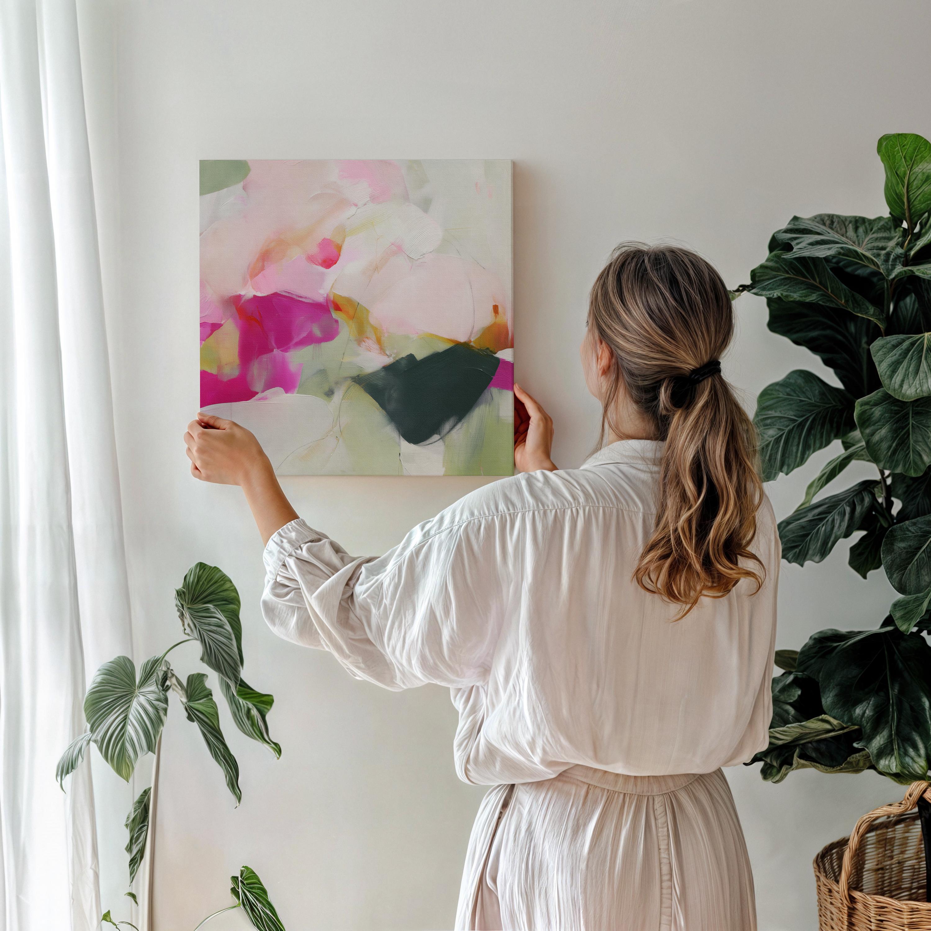 Square abstract canvas wall art in bold fuchsia pink, deep green, and cream with painterly brushstrokes. Styled in maximalist and statement art trends with eclectic boho charm. Perfect as oversized living room, bedroom, or dining wall decor. Gallery-wrapped on wood frame for a seamless modern finish. Extra large canvas wall art by Muse Studio.