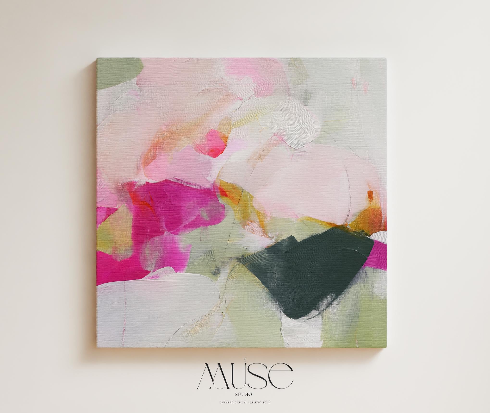 Square abstract canvas wall art in blush pink, hot pink, emerald green, sage, and peachy tones. Soft botanical-inspired design perfect for feminine or boho interiors. Ideal for bedrooms, curated living rooms, or modern apartments. Printed on gallery-wrapped canvas or framed canvas in multiple sizes for statement decor.