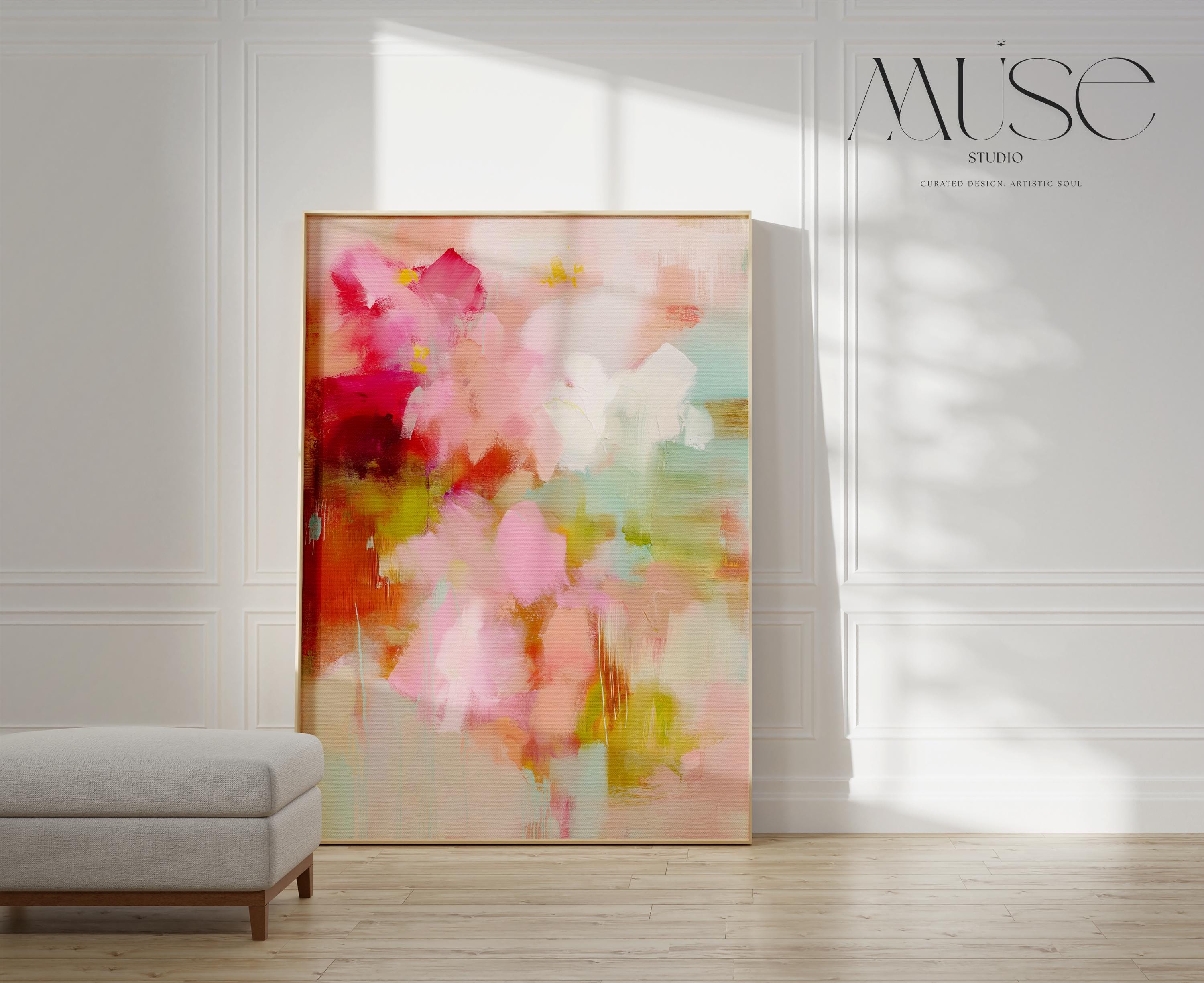 Bright floral-inspired vertical abstract art print featuring pink, coral, red, mint, and soft orange tones. Printed on giclée cotton rag paper in large and extra-large sizes. Perfect for color pop interiors, gallery walls, and bold bedroom decor. Muse Studio.