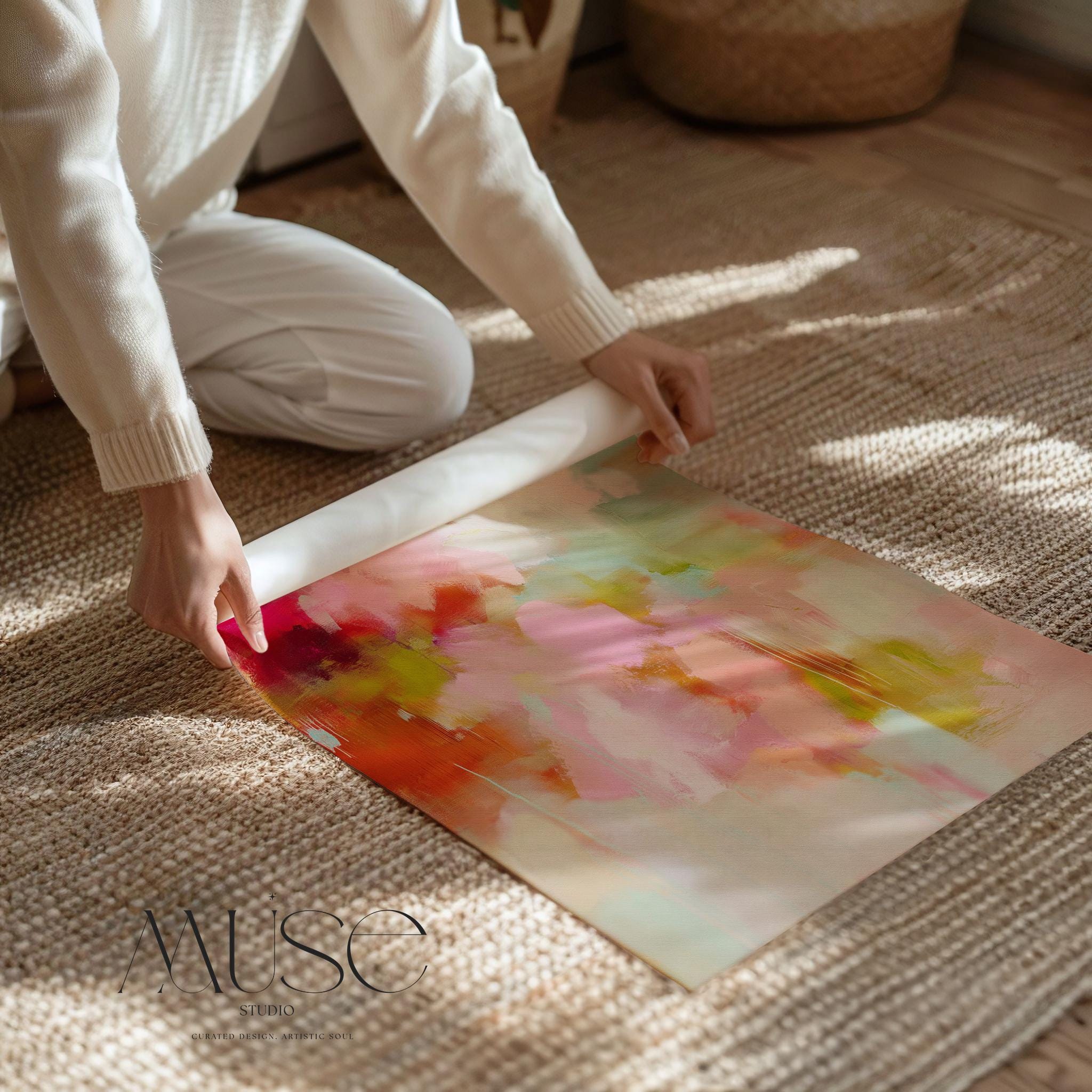 Bright floral-inspired vertical abstract art print featuring pink, coral, red, mint, and soft orange tones. Printed on giclée cotton rag paper in large and extra-large sizes. Perfect for color pop interiors, gallery walls, and bold bedroom decor. Muse Studio.