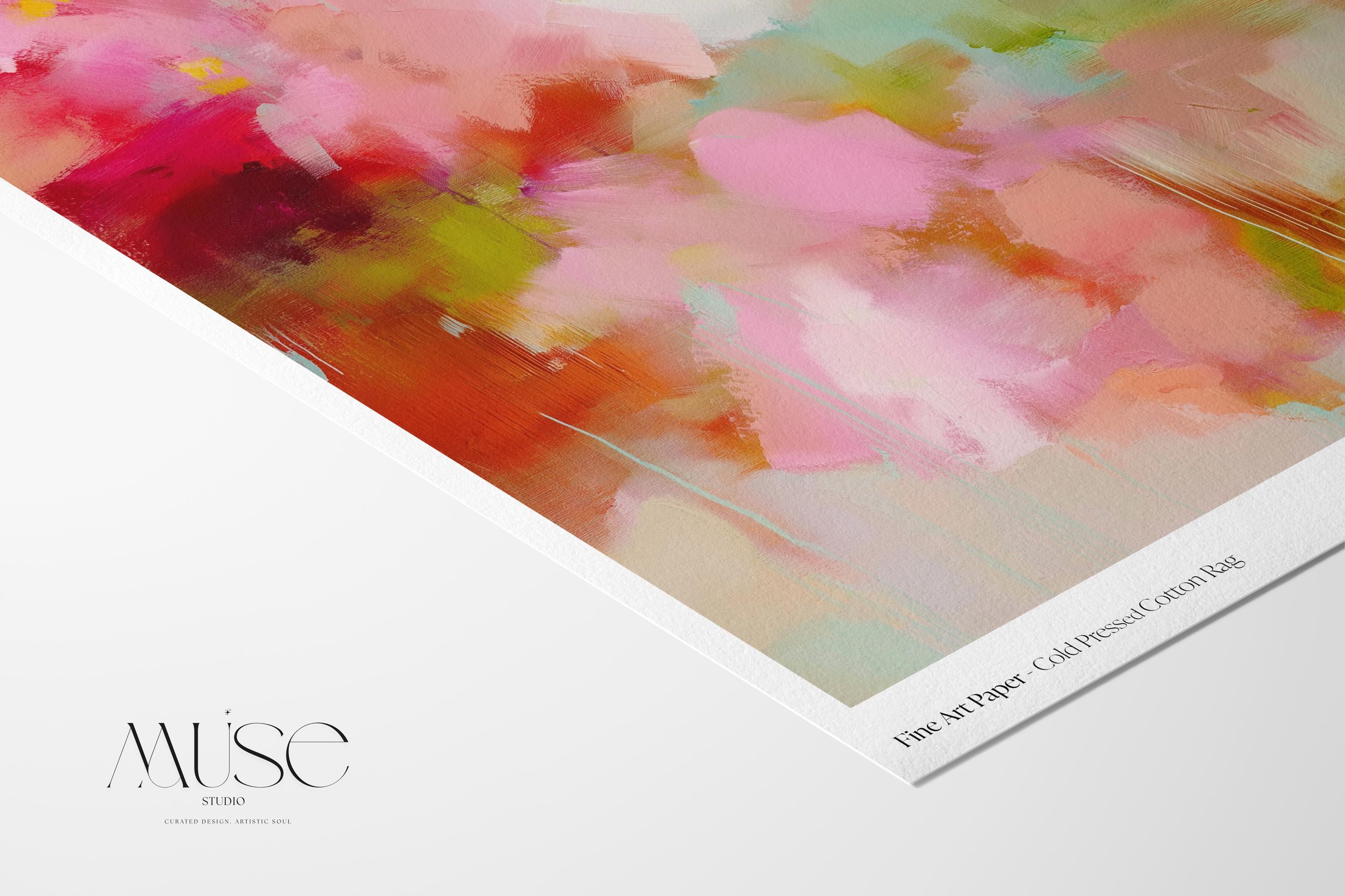 Bright floral-inspired vertical abstract art print featuring pink, coral, red, mint, and soft orange tones. Printed on giclée cotton rag paper in large and extra-large sizes. Perfect for color pop interiors, gallery walls, and bold bedroom decor. Muse Studio.