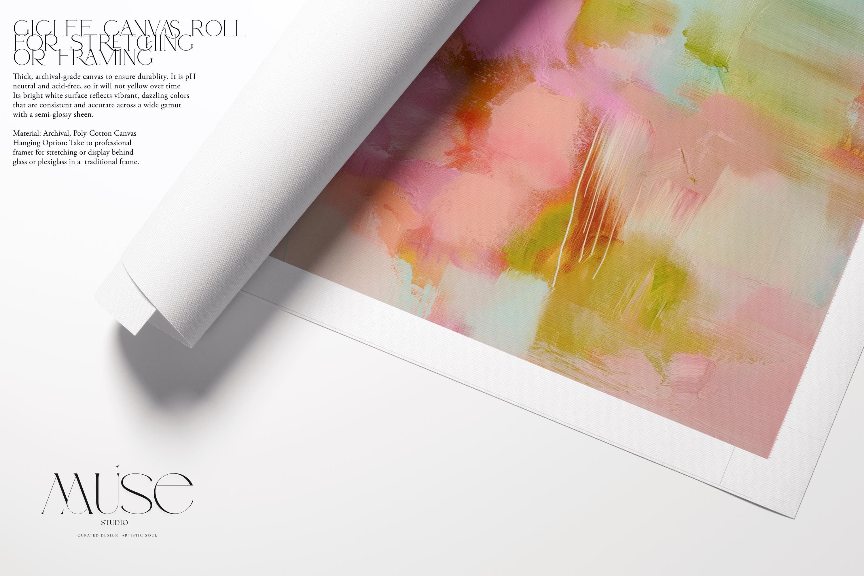 Bright floral-inspired vertical abstract art print featuring pink, coral, red, mint, and soft orange tones. Printed on giclée cotton rag paper in large and extra-large sizes. Perfect for color pop interiors, gallery walls, and bold bedroom decor. Muse Studio.