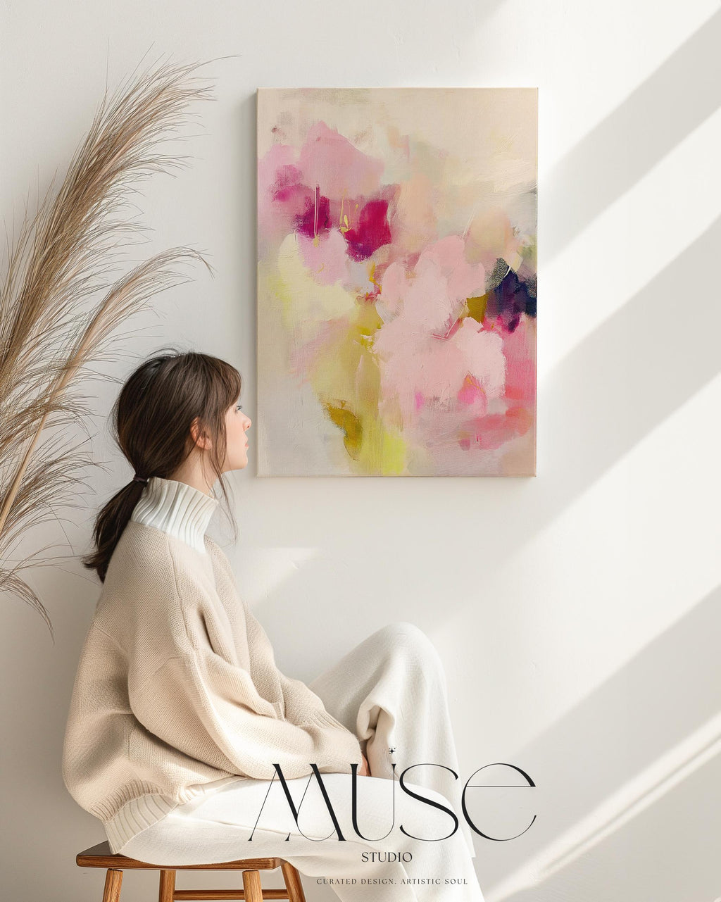 Vertical floral abstract wall art in pink, fuchsia, pale lime, and creamy white. Features soft blended brushstrokes with romantic movement and pastel tones. Giclée print or canvas option available. Perfect for coquette bedrooms, dressing areas, or soft contemporary decor. Muse Studio artwork.
