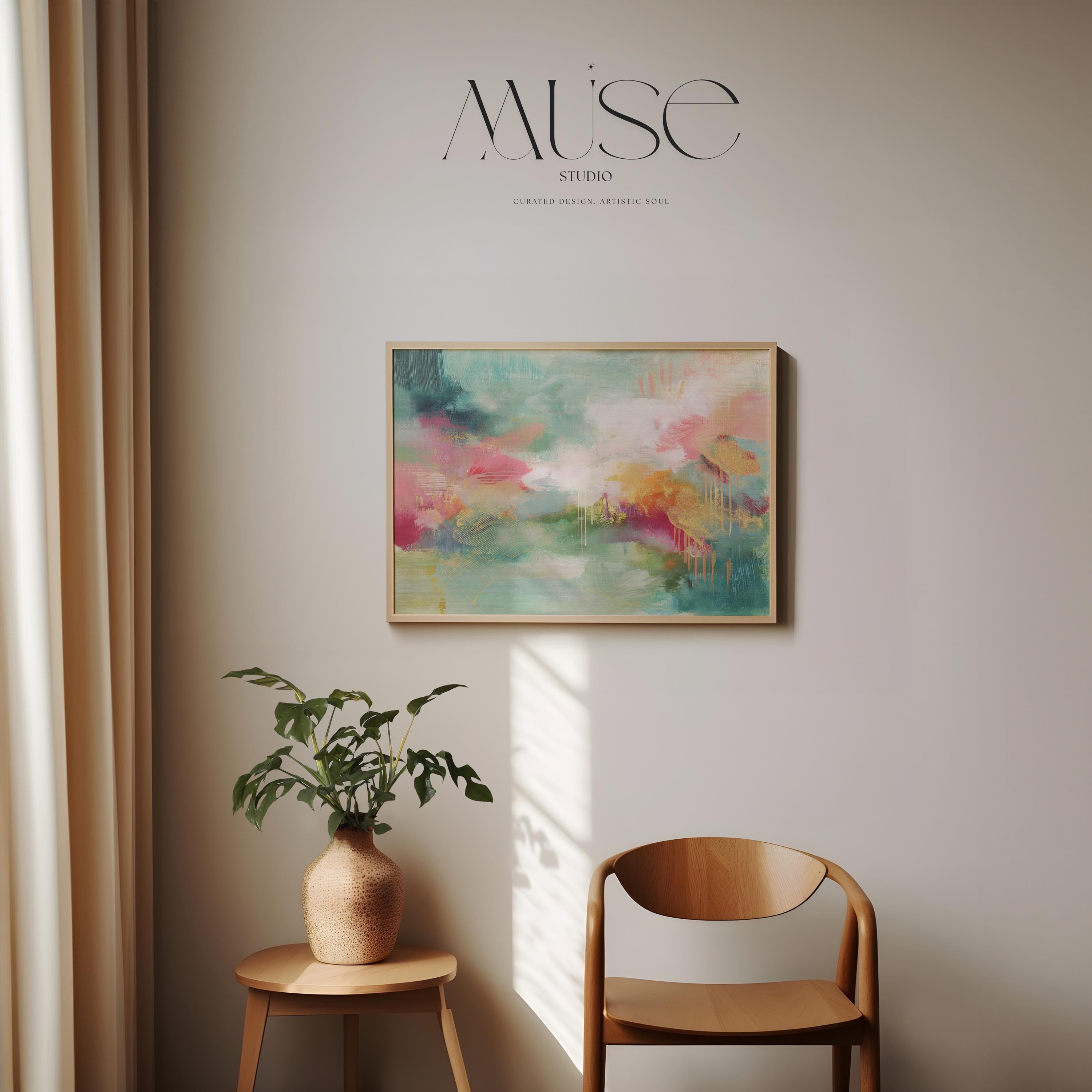 Horizontal abstract canvas wall art with bold teal, soft coral, and golden accents, framed in a warm neutral room. Designed with expressive brushstrokes and rich color layering, this extra-large piece brings eclectic and transitional style to living rooms, dining spaces, or modern interiors. Available as framed or gallery-wrapped canvas from Muse Studio.