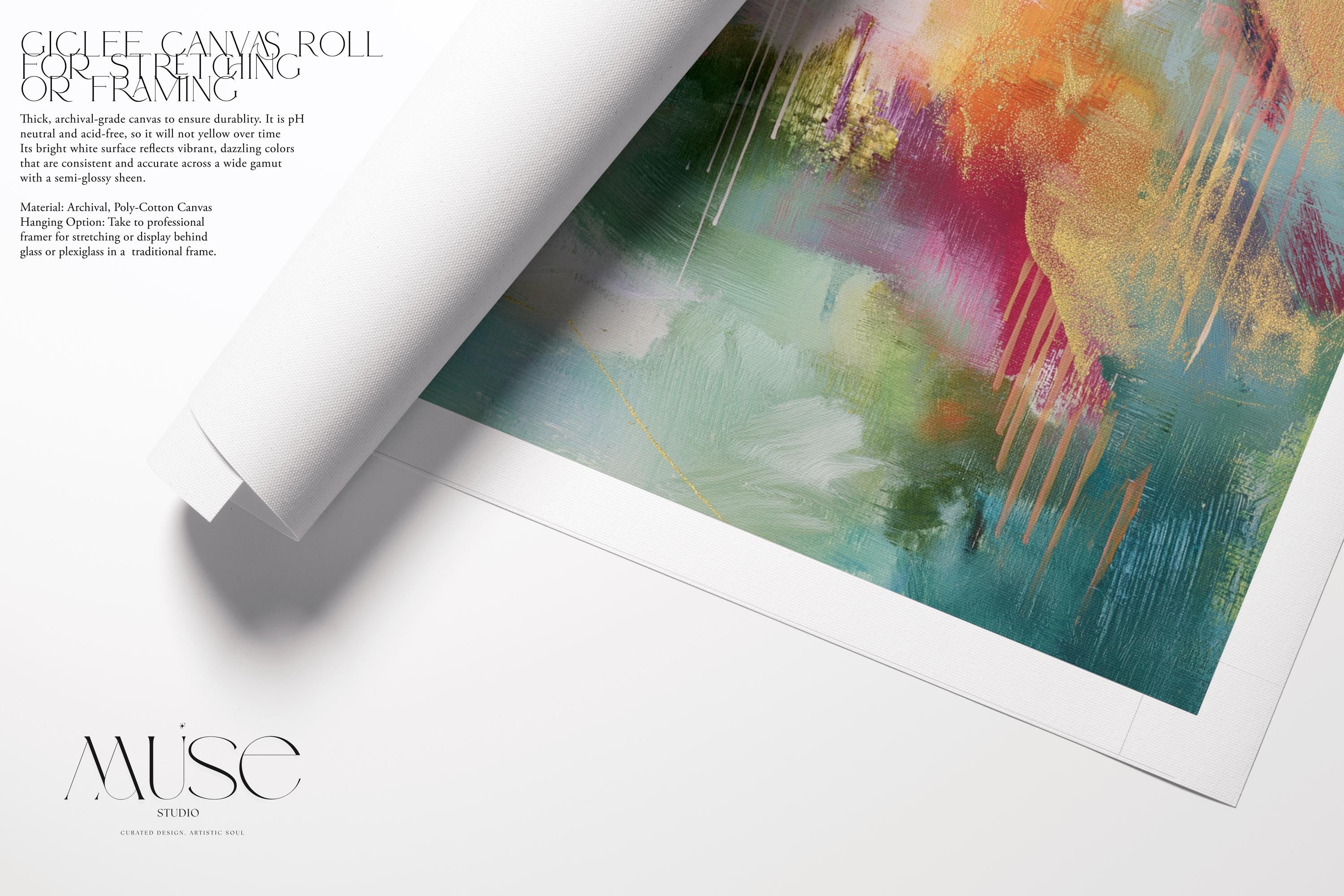 Horizontal abstract canvas wall art with bold teal, soft coral, and golden accents, framed in a warm neutral room. Designed with expressive brushstrokes and rich color layering, this extra-large piece brings eclectic and transitional style to living rooms, dining spaces, or modern interiors. Available as framed or gallery-wrapped canvas from Muse Studio.