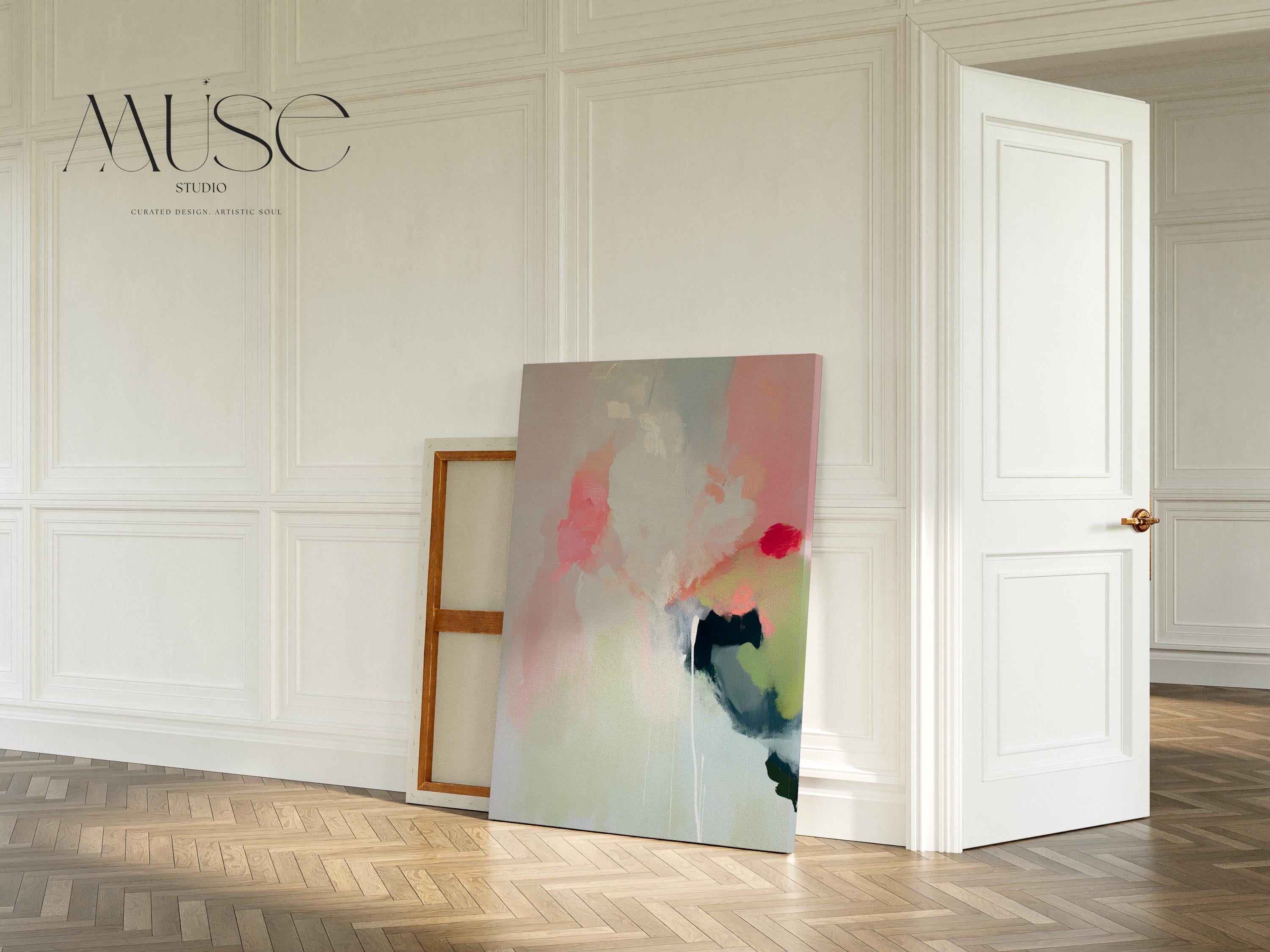 Vertical abstract canvas wall art in blush pink, green, and muted pastel tones with warm minimalist styling. Gentle brushstrokes create a serene, modern look ideal for bedrooms, living rooms, or entryway walls. This calming artwork pairs beautifully with neutral furnishings and layered textures. Available as a gallery-wrapped canvas, framed canvas, or fine art poster print for curated boutique home decor.