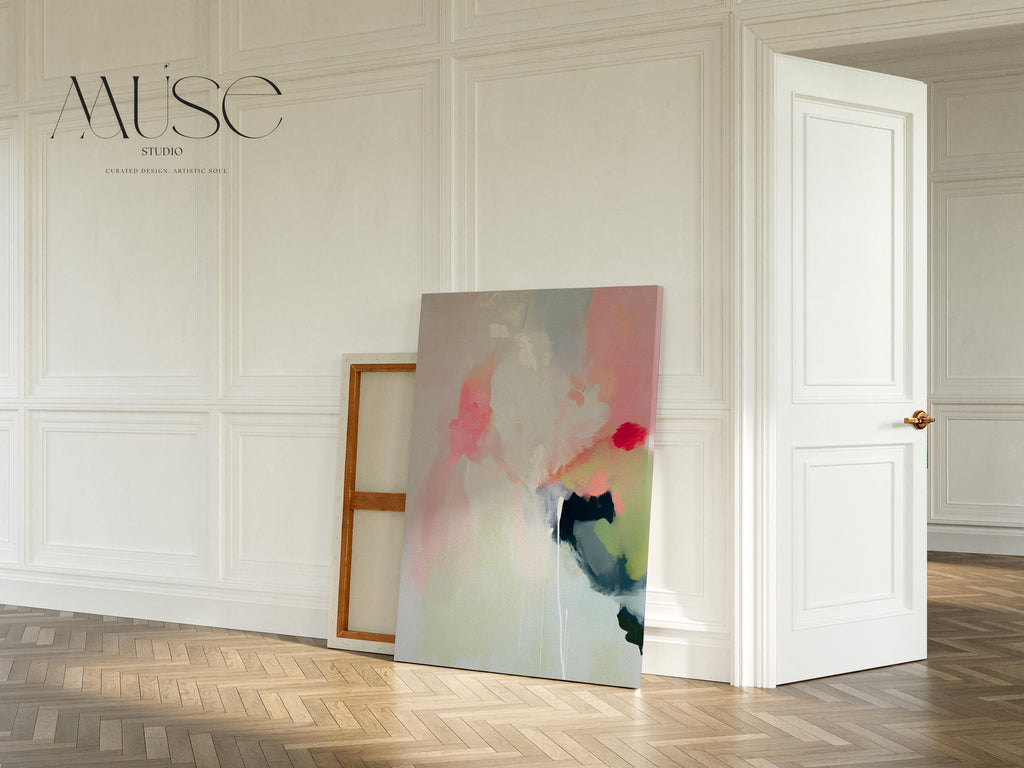 Vertical abstract canvas wall art in blush pink, sage green, and soft ivory with coral and dark undertones. Styled in muted minimal and soft contemporary design for calming interiors. Ideal for bedrooms, living rooms, or entryways. Gallery-wrapped on wood frame for a seamless finish. Extra large canvas wall art by Muse Studio.
