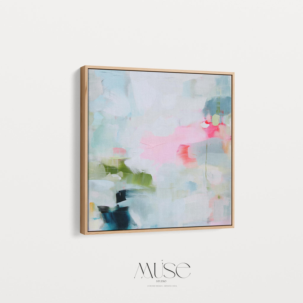 Square framed abstract wall art in blush pink, aqua, and sage green with touches of teal and soft peach. Designed in a soft bright pastel botanical style, this artwork creates a serene yet uplifting mood for living rooms, bedrooms, and entryways. A statement piece that pairs with warm minimalism, layered boho, and transitional interiors. Available as a gallery-wrapped canvas, floating framed canvas, or fine art poster print for curated home decor.