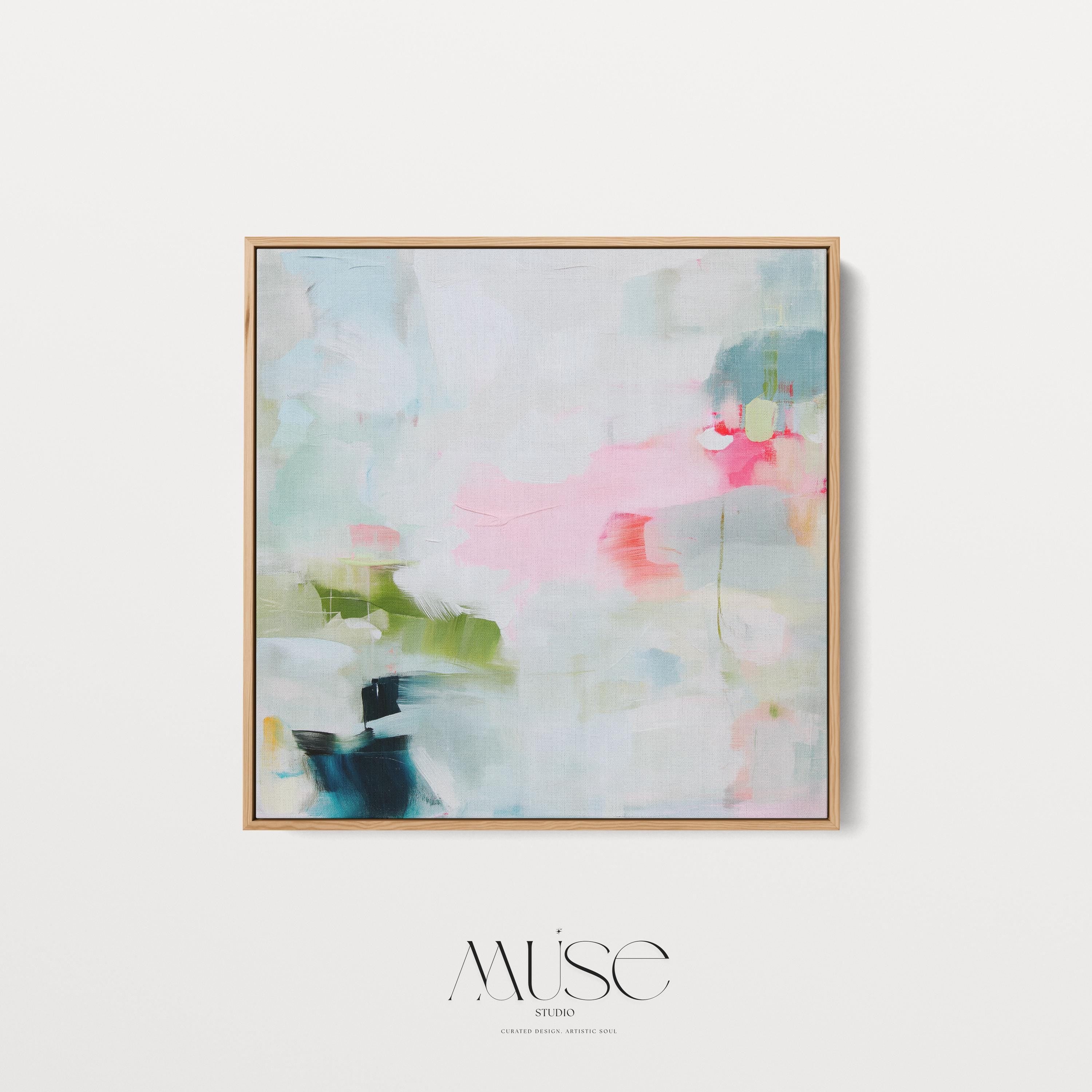 Square framed abstract wall art in blush pink, aqua, and sage green with touches of teal and soft peach. Designed in a soft bright pastel botanical style, this artwork creates a serene yet uplifting mood for living rooms, bedrooms, and entryways. A statement piece that pairs with warm minimalism, layered boho, and transitional interiors. Available as a gallery-wrapped canvas, floating framed canvas, or fine art poster print for curated home decor.