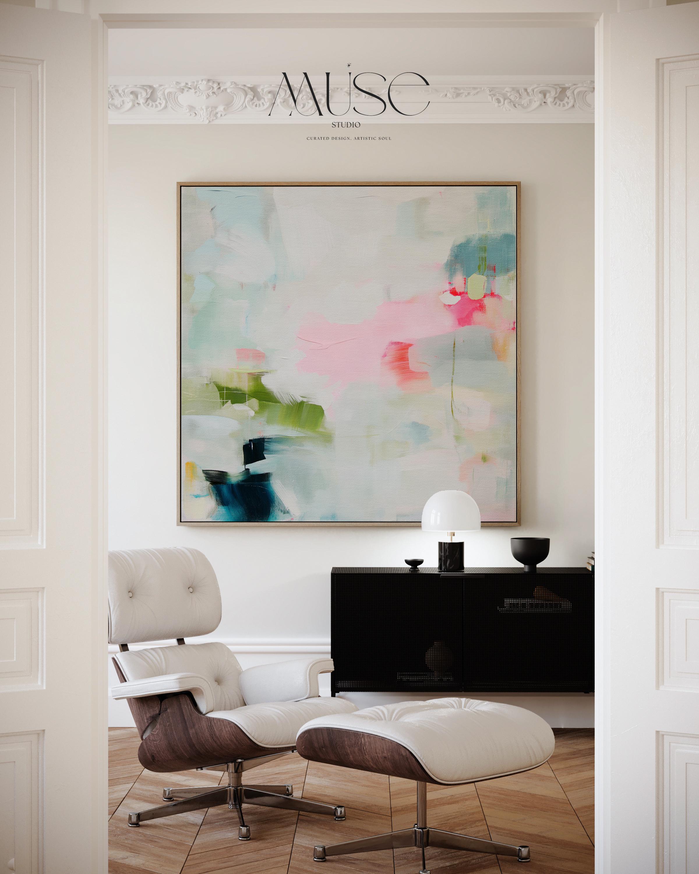 Square framed abstract wall art in blush pink, aqua, and sage green with touches of teal and soft peach. Designed in a soft bright pastel botanical style, this artwork creates a serene yet uplifting mood for living rooms, bedrooms, and entryways. A statement piece that pairs with warm minimalism, layered boho, and transitional interiors. Available as a gallery-wrapped canvas, floating framed canvas, or fine art poster print for curated home decor.