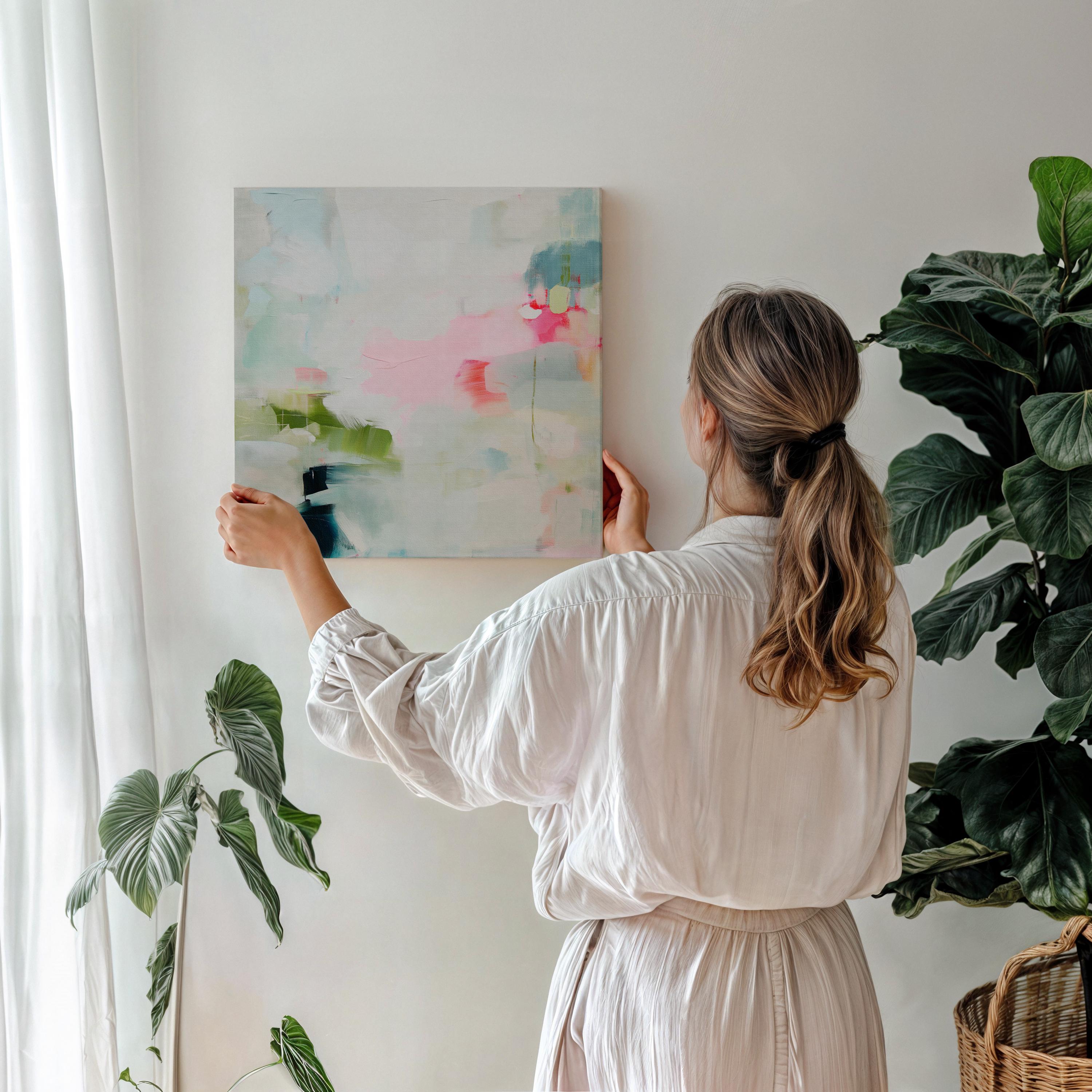 Oversized square canvas wall art in blush pink, aqua, sage, and teal with hints of soft peach. Painted in a luminous, pastel botanical abstract style that feels serene yet uplifting. Perfect for bedrooms, living rooms, or entryway statement walls, blending with warm minimalism, soft contemporary, and transitional interiors. Offered as a gallery-wrapped XL canvas wall art for curated home decor.