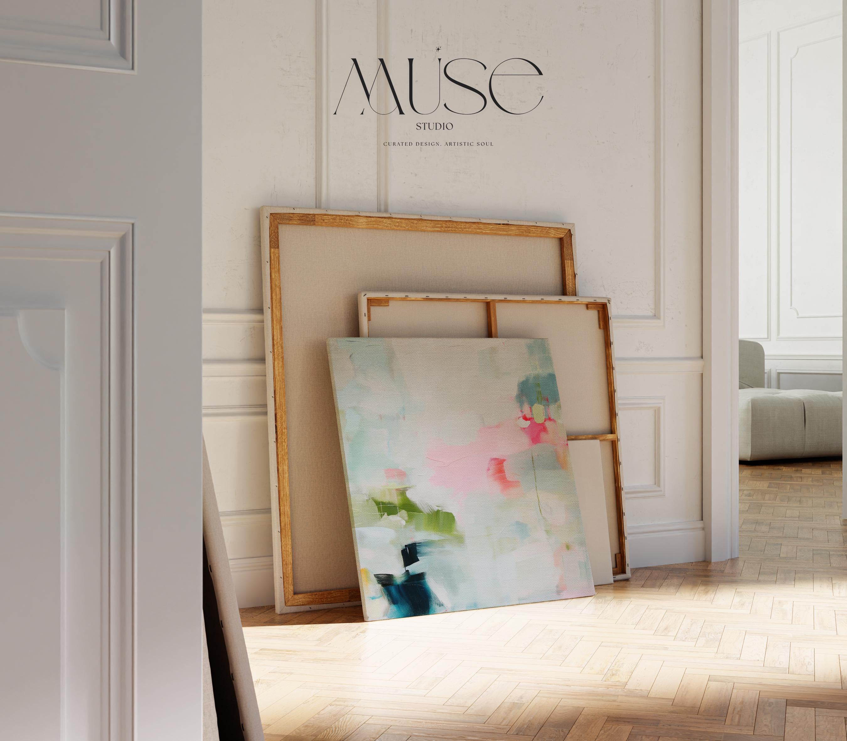 Oversized square canvas wall art in blush pink, aqua, sage, and teal with hints of soft peach. Painted in a luminous, pastel botanical abstract style that feels serene yet uplifting. Perfect for bedrooms, living rooms, or entryway statement walls, blending with warm minimalism, soft contemporary, and transitional interiors. Offered as a gallery-wrapped XL canvas wall art for curated home decor.
