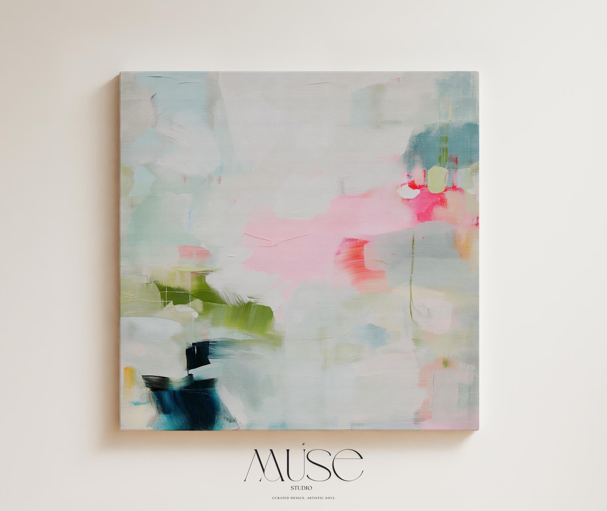 Square pink and blue abstract wall art with soft pastel botanical tones and gentle texture. Ideal for bedrooms, offices, or modern living rooms seeking a calm and contemporary focal point. Available as framed canvas or gallery-wrapped giclée wall art by Muse Studio.