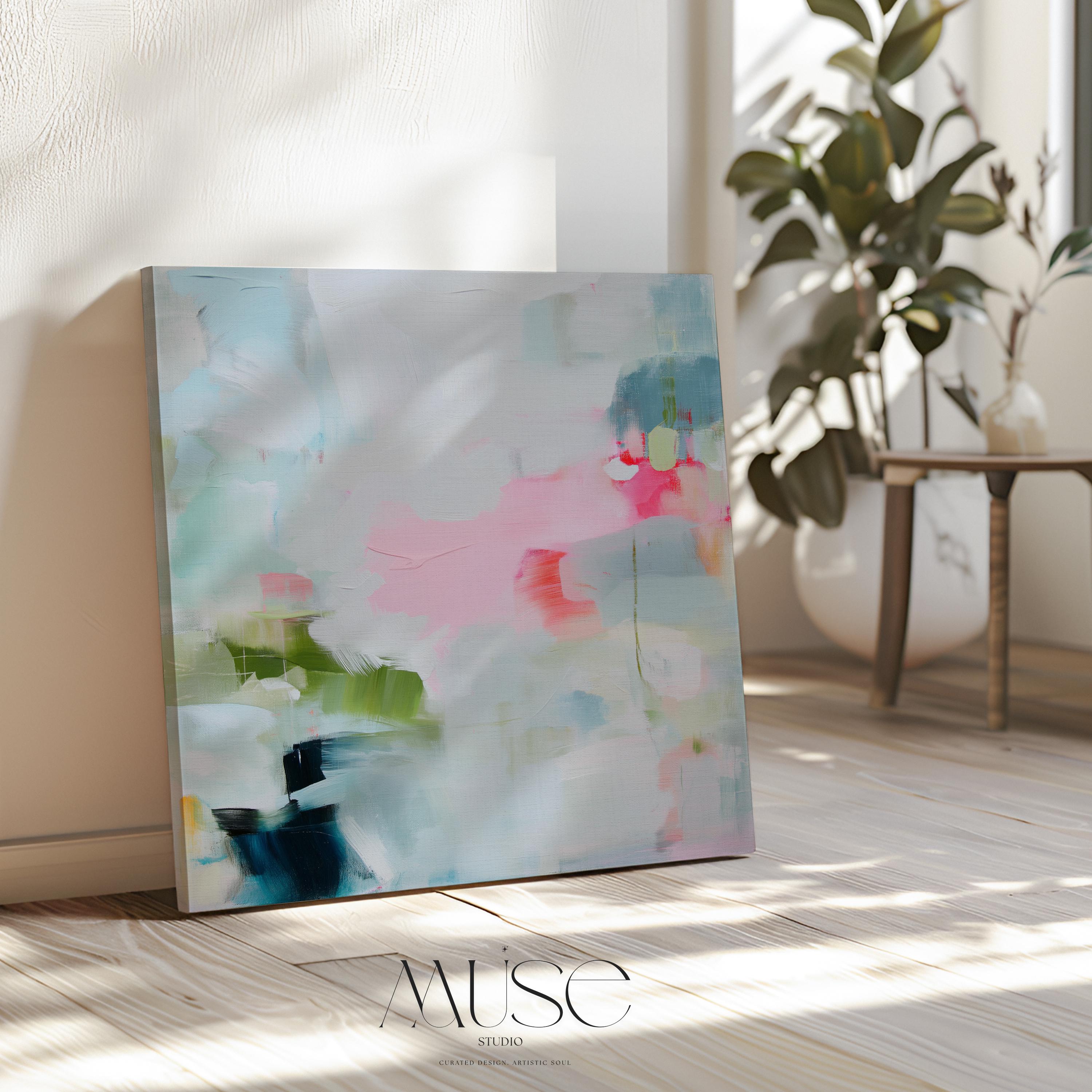 Oversized square canvas wall art in blush pink, aqua, sage, and teal with hints of soft peach. Painted in a luminous, pastel botanical abstract style that feels serene yet uplifting. Perfect for bedrooms, living rooms, or entryway statement walls, blending with warm minimalism, soft contemporary, and transitional interiors. Offered as a gallery-wrapped XL canvas wall art for curated home decor.