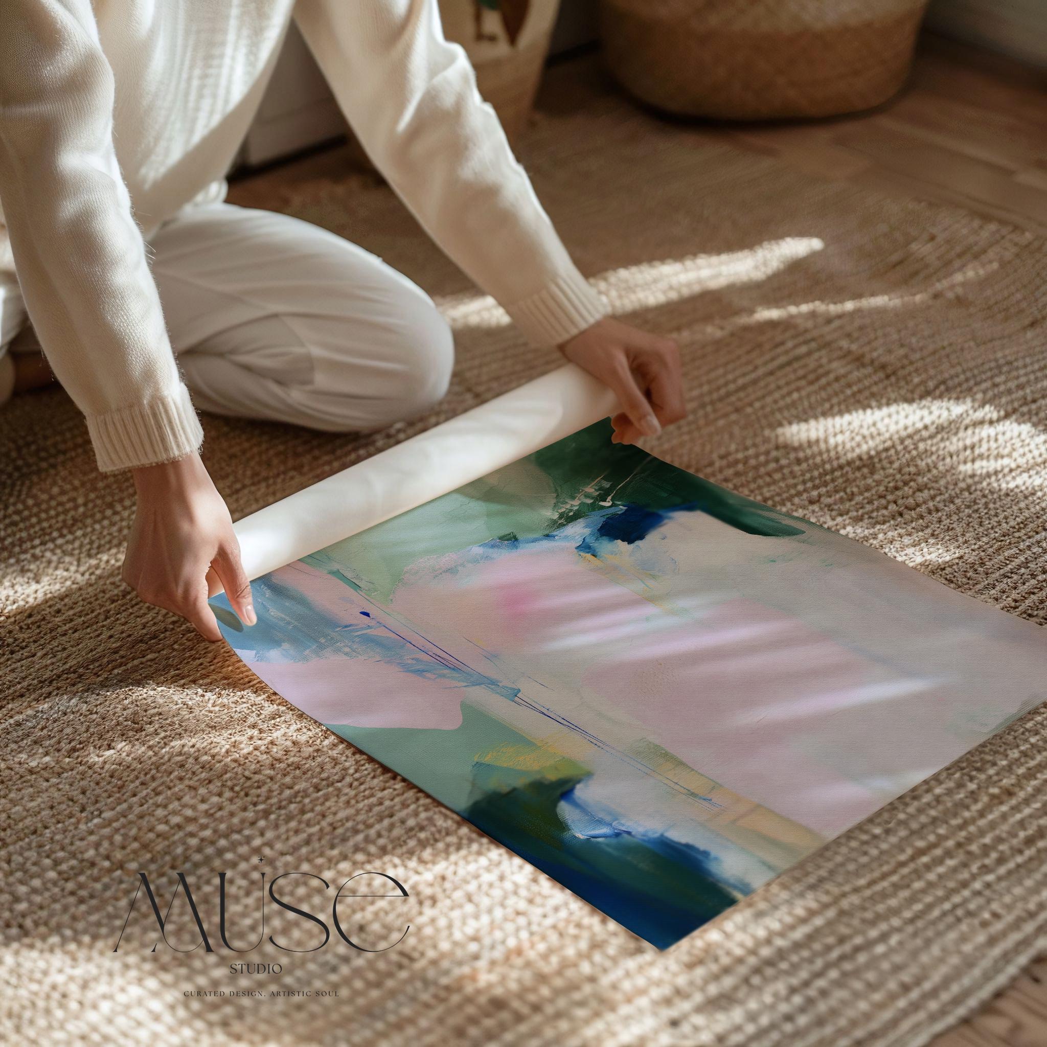 Large abstract poster print featuring blush pink, aqua, sage green, and indigo tones in a pastel botanical style. Designed to bring a serene yet uplifting atmosphere, this versatile print works beautifully framed or unframed in bedrooms, living rooms, and entryways. Complements soft bright and transitional interiors, ideal for modern home styling. Fine art poster print on premium paper for curated decor.