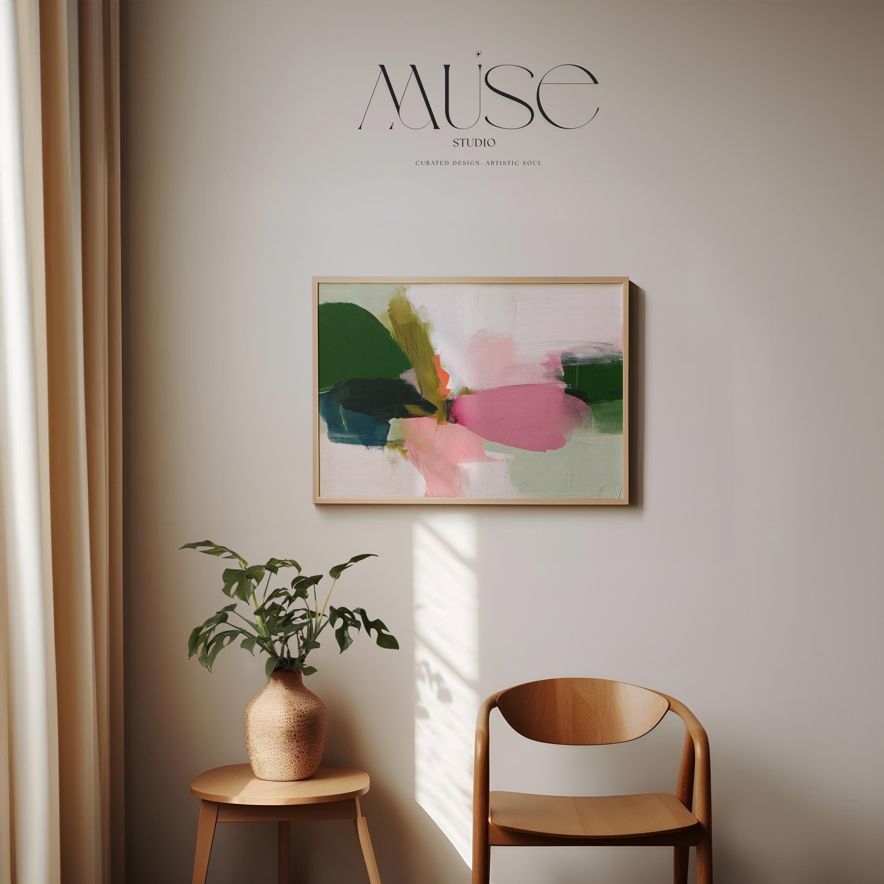 Poster Art Print by Muse Studio • Green and Pink Abstract Wall Art • Soft Contemporary Style • Horizontal Large Living Room Decor • 430