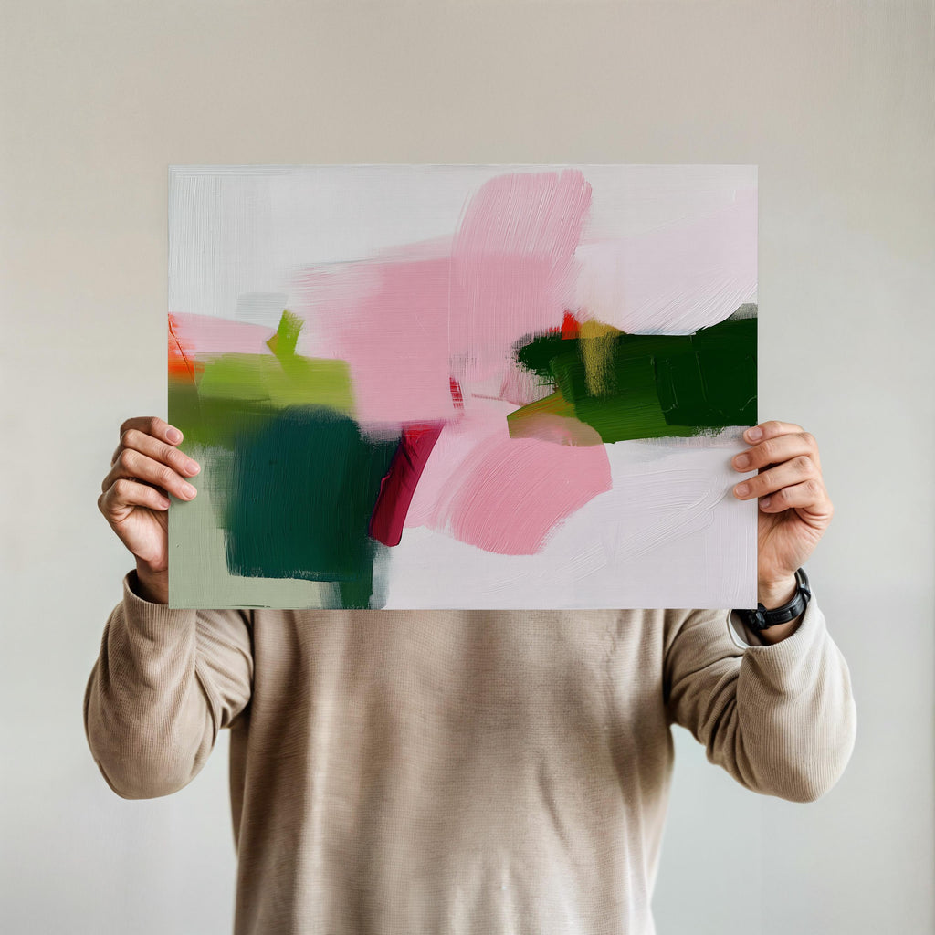 Abstract wall art poster print in blush pink, green, coral, and soft mint tones with painterly brushstrokes. Designed in a horizontal layout for above bed or sofa styling, this piece blends transitional warmth, minimal clarity, and contemporary boho charm. Perfect for bedrooms, living rooms, or curated interiors. Offered as a fine art poster print, ready to frame for a refined designer home decor statement.