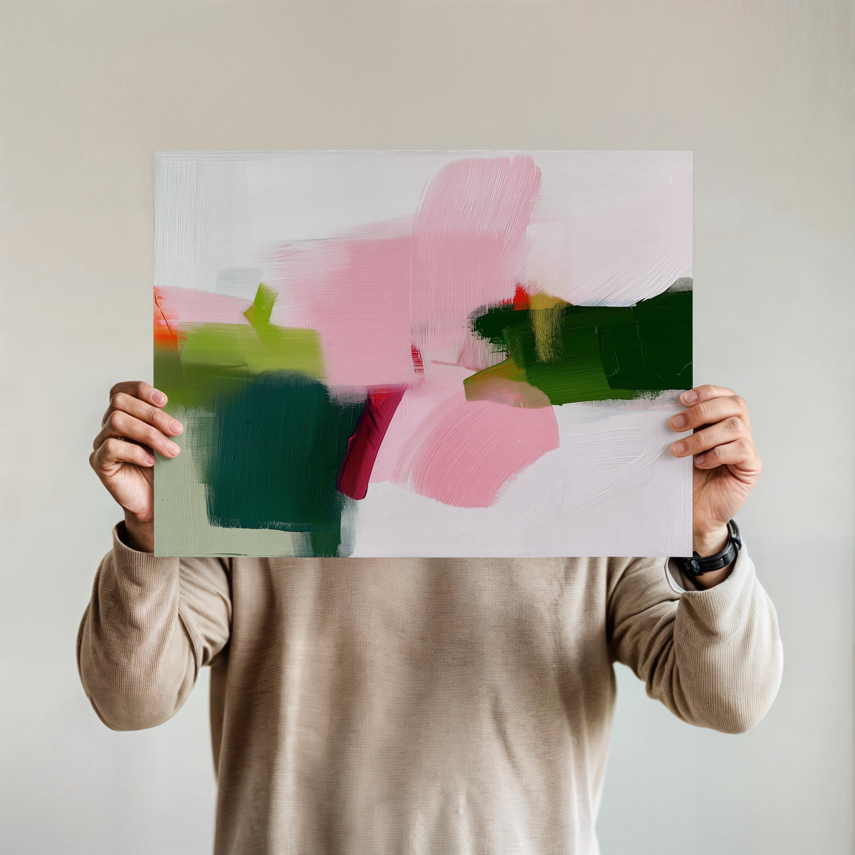Abstract wall art poster print in blush pink, green, coral, and soft mint tones with painterly brushstrokes. Designed in a horizontal layout for above bed or sofa styling, this piece blends transitional warmth, minimal clarity, and contemporary boho charm. Perfect for bedrooms, living rooms, or curated interiors. Offered as a fine art poster print, ready to frame for a refined designer home decor statement.