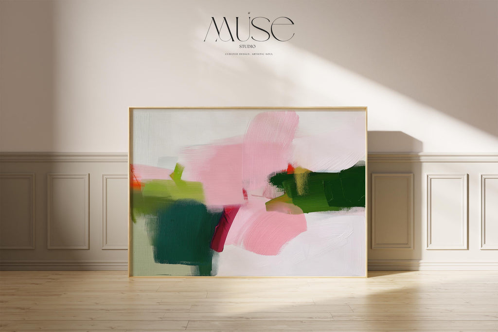 Abstract wall art poster print in blush pink, green, coral, and soft mint tones with painterly brushstrokes. Designed in a horizontal layout for above bed or sofa styling, this piece blends transitional warmth, minimal clarity, and contemporary boho charm. Perfect for bedrooms, living rooms, or curated interiors. Offered as a fine art poster print, ready to frame for a refined designer home decor statement.