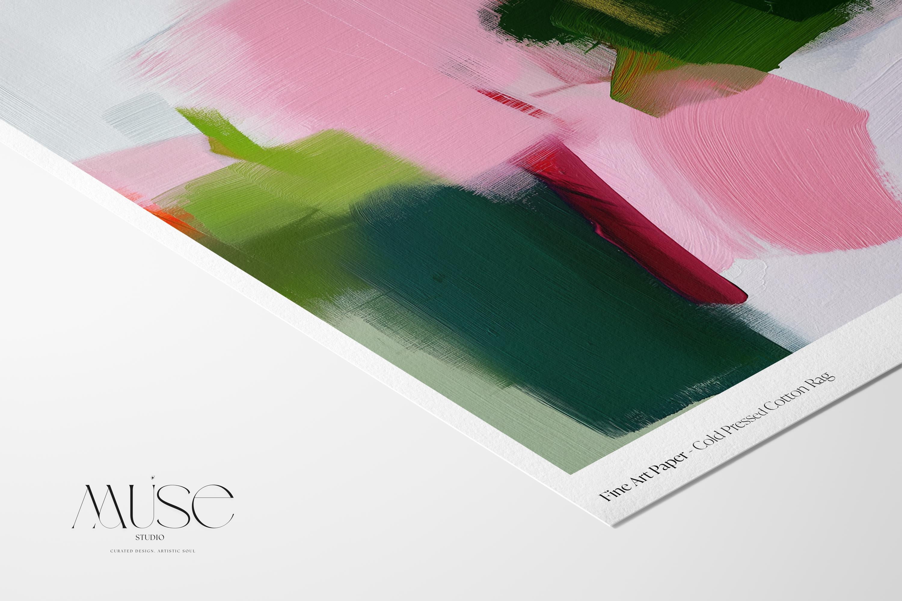 Abstract wall art poster print in blush pink, green, coral, and soft mint tones with painterly brushstrokes. Designed in a horizontal layout for above bed or sofa styling, this piece blends transitional warmth, minimal clarity, and contemporary boho charm. Perfect for bedrooms, living rooms, or curated interiors. Offered as a fine art poster print, ready to frame for a refined designer home decor statement.