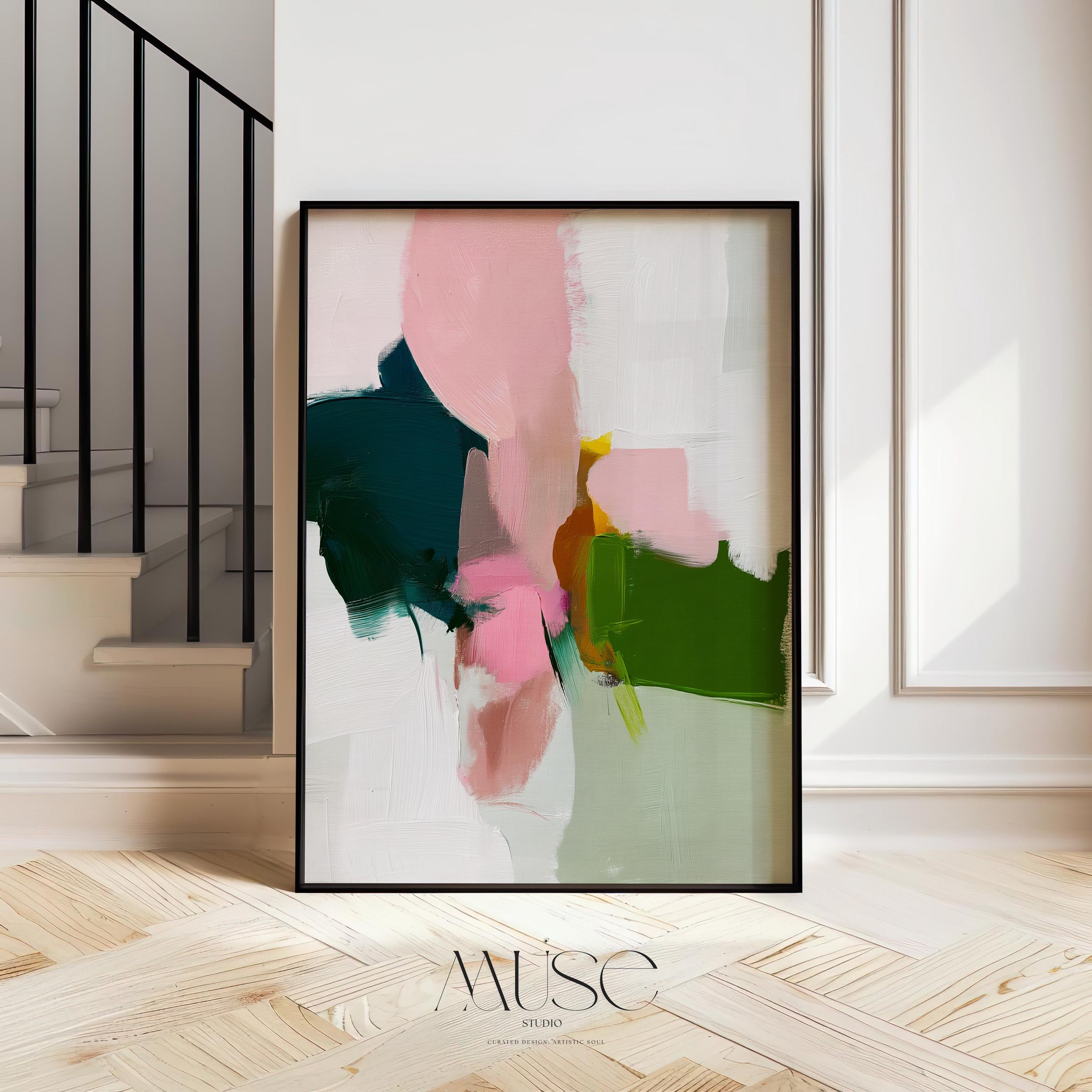 Abstract Wall Art Canvas and Poster Print by Muse Studio • Pink and Green Painting • Warm Minimal • Large Vertical Decor • MUSE 432