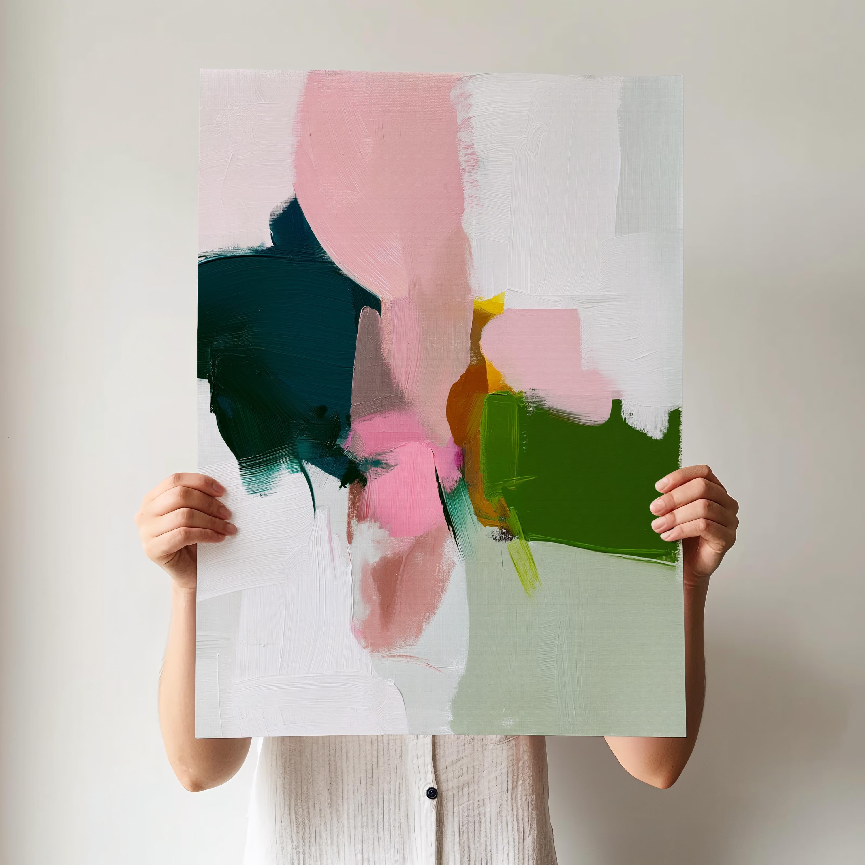 Abstract Wall Art Canvas and Poster Print by Muse Studio • Pink and Green Painting • Warm Minimal • Large Vertical Decor • MUSE 432