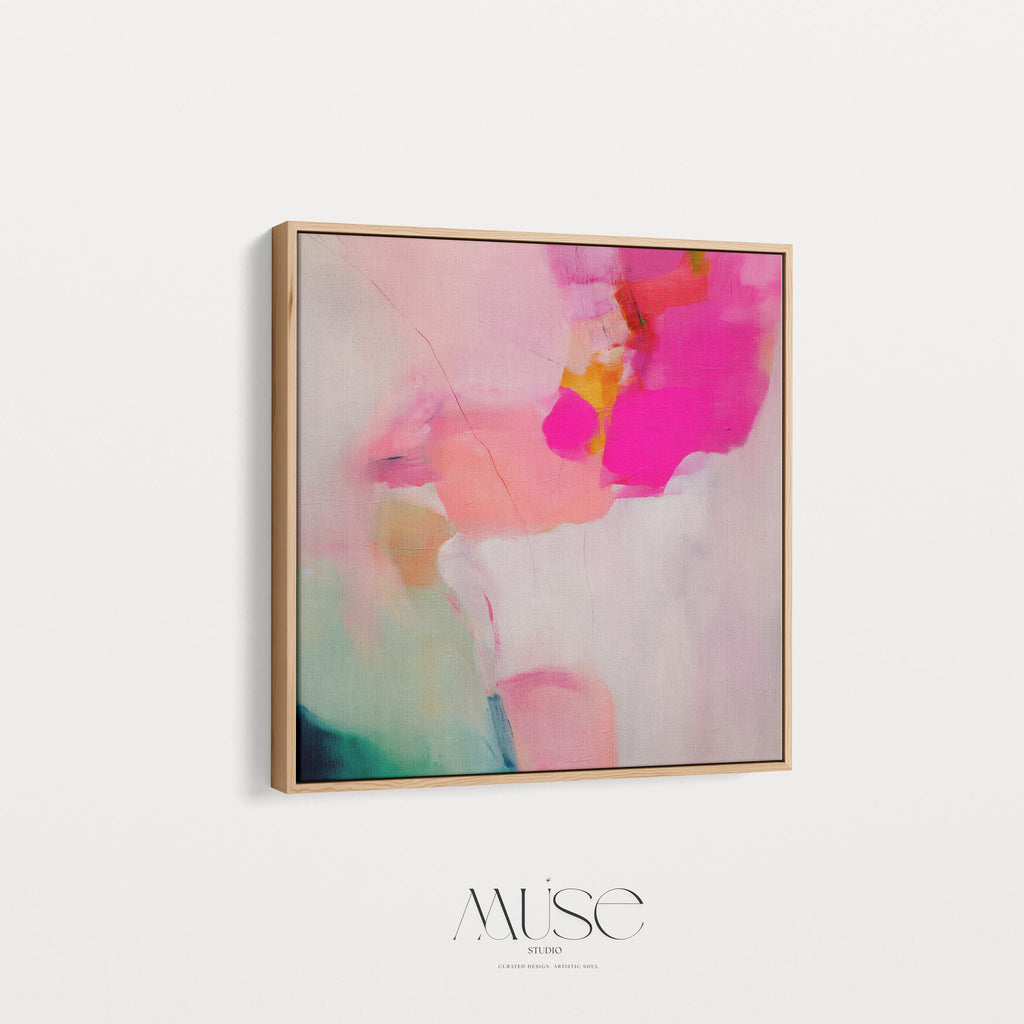 Framed canvas wall art featuring bold fuchsia pink, blush, coral, and aqua teal tones in a square abstract giclée print. Designed as a statement piece for dining rooms, living rooms, or bedrooms, this artwork blends transitional and contemporary boho style with vibrant sophistication. Available as a floating framed canvas giclée print in multiple sizes, perfect for curated designer-inspired home decor.