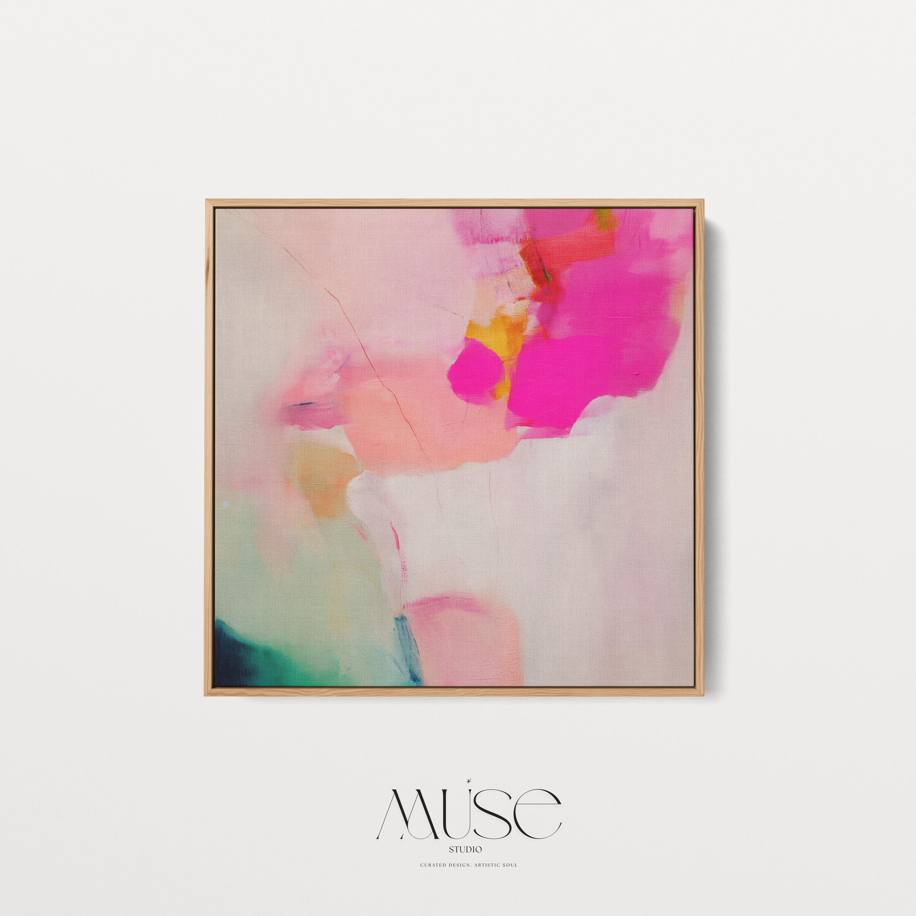 Framed canvas wall art featuring bold fuchsia pink, blush, coral, and aqua teal tones in a square abstract giclée print. Designed as a statement piece for dining rooms, living rooms, or bedrooms, this artwork blends transitional and contemporary boho style with vibrant sophistication. Available as a floating framed canvas giclée print in multiple sizes, perfect for curated designer-inspired home decor.