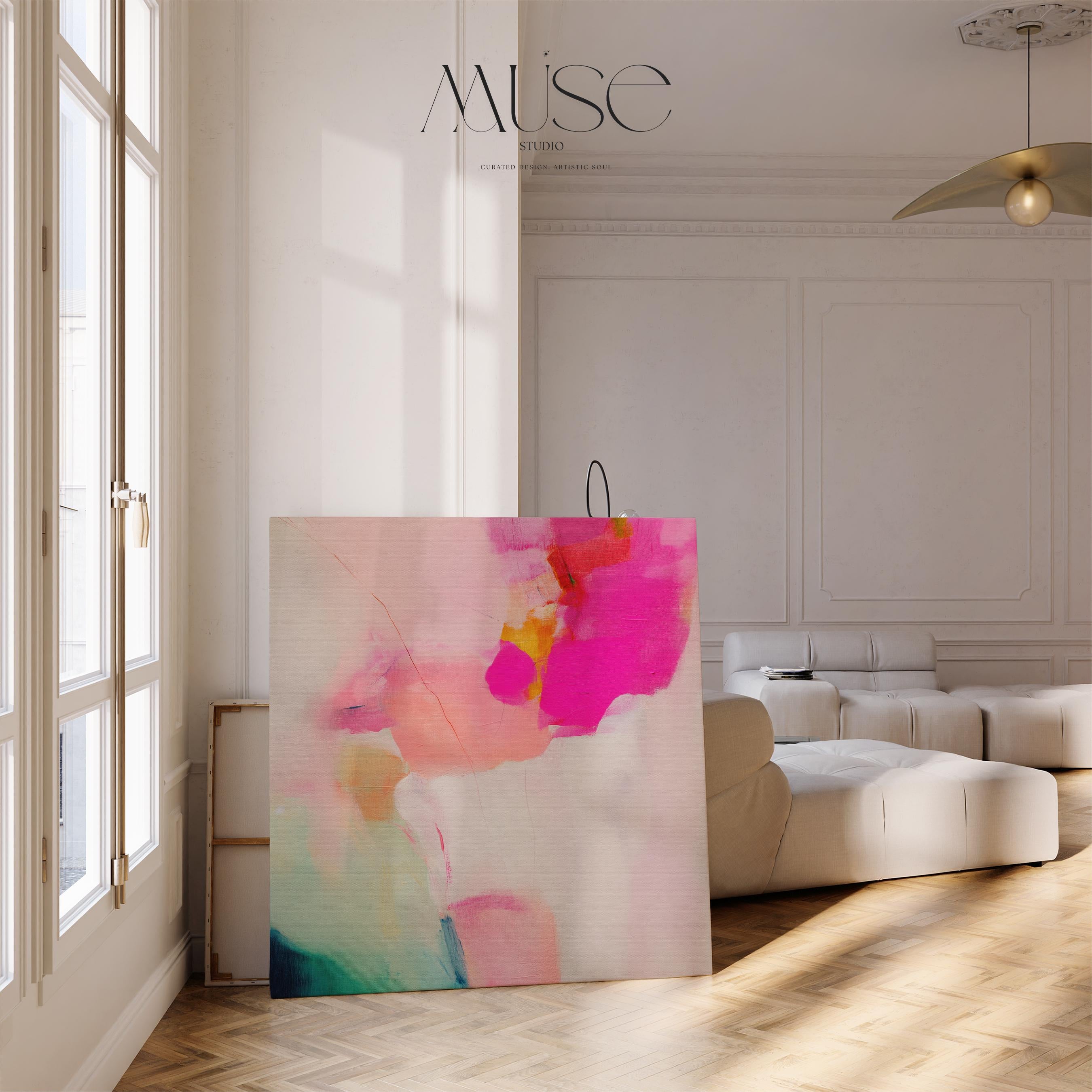 Abstract large canvas wall art featuring pastel botanical tones of fuchsia pink, blush, and aqua teal. Designed as a giclée print in a square format, this piece blends pastel softness with boho decor charm. Perfect for living rooms, dining rooms, or bedrooms, it creates a vibrant yet calming focal point. Offered as a gallery-wrapped large canvas wall art giclée print in multiple sizes for curated modern interiors.