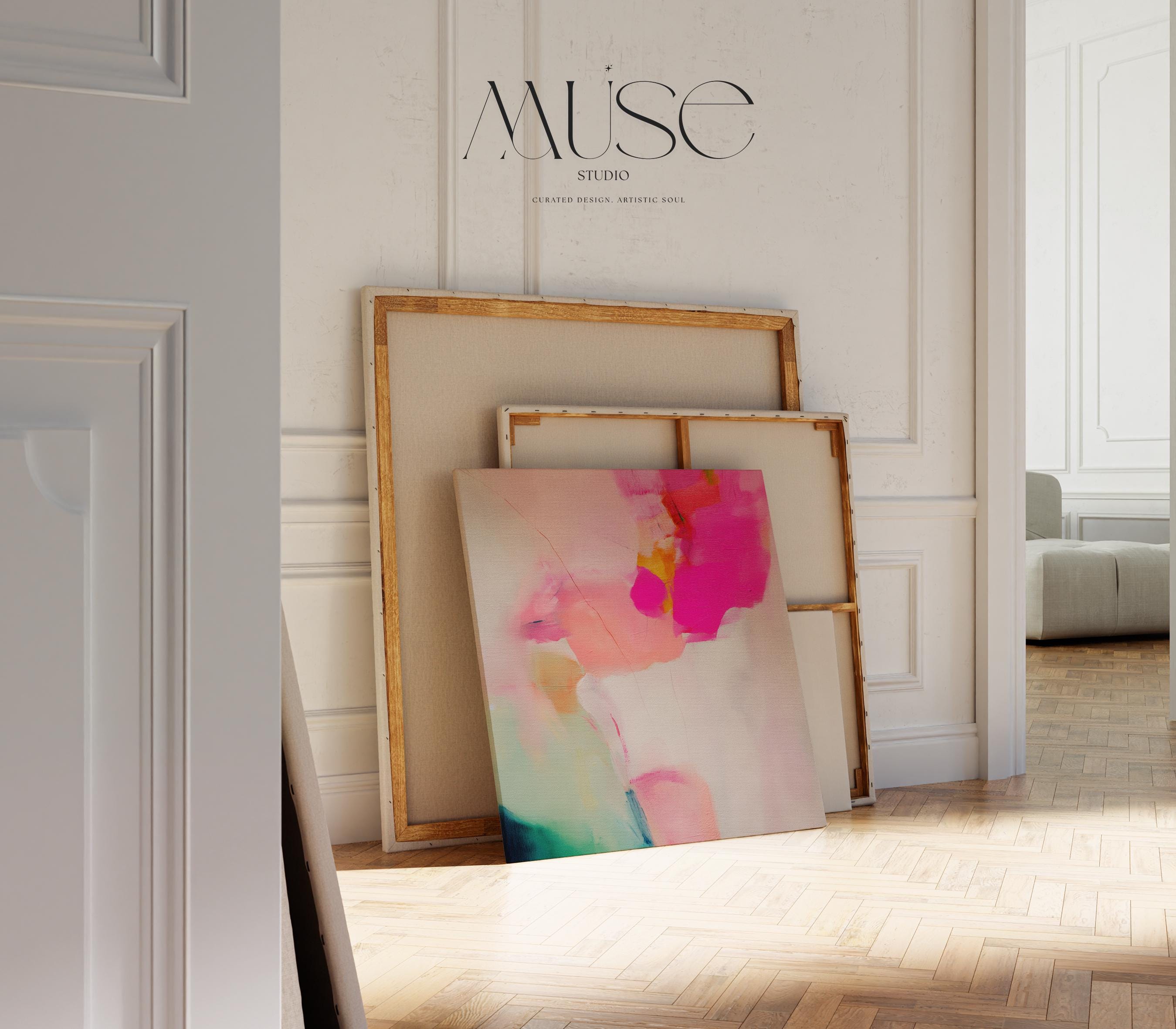 Abstract large canvas wall art featuring pastel botanical tones of fuchsia pink, blush, and aqua teal. Designed as a giclée print in a square format, this piece blends pastel softness with boho decor charm. Perfect for living rooms, dining rooms, or bedrooms, it creates a vibrant yet calming focal point. Offered as a gallery-wrapped large canvas wall art giclée print in multiple sizes for curated modern interiors.
