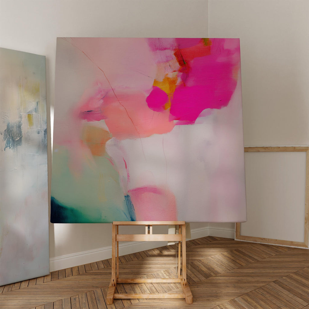 Abstract large canvas wall art featuring pastel botanical tones of fuchsia pink, blush, and aqua teal. Designed as a giclée print in a square format, this piece blends pastel softness with boho decor charm. Perfect for living rooms, dining rooms, or bedrooms, it creates a vibrant yet calming focal point. Offered as a gallery-wrapped large canvas wall art giclée print in multiple sizes for curated modern interiors.