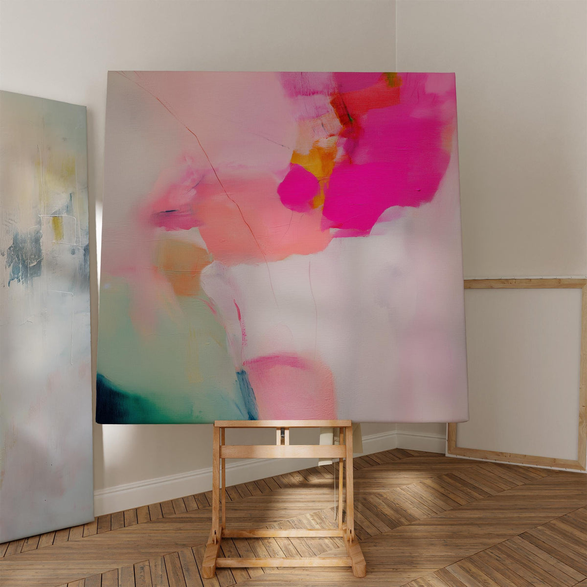 Abstract large canvas wall art featuring pastel botanical tones of fuchsia pink, blush, and aqua teal. Designed as a giclée print in a square format, this piece blends pastel softness with boho decor charm. Perfect for living rooms, dining rooms, or bedrooms, it creates a vibrant yet calming focal point. Offered as a gallery-wrapped large canvas wall art giclée print in multiple sizes for curated modern interiors.
